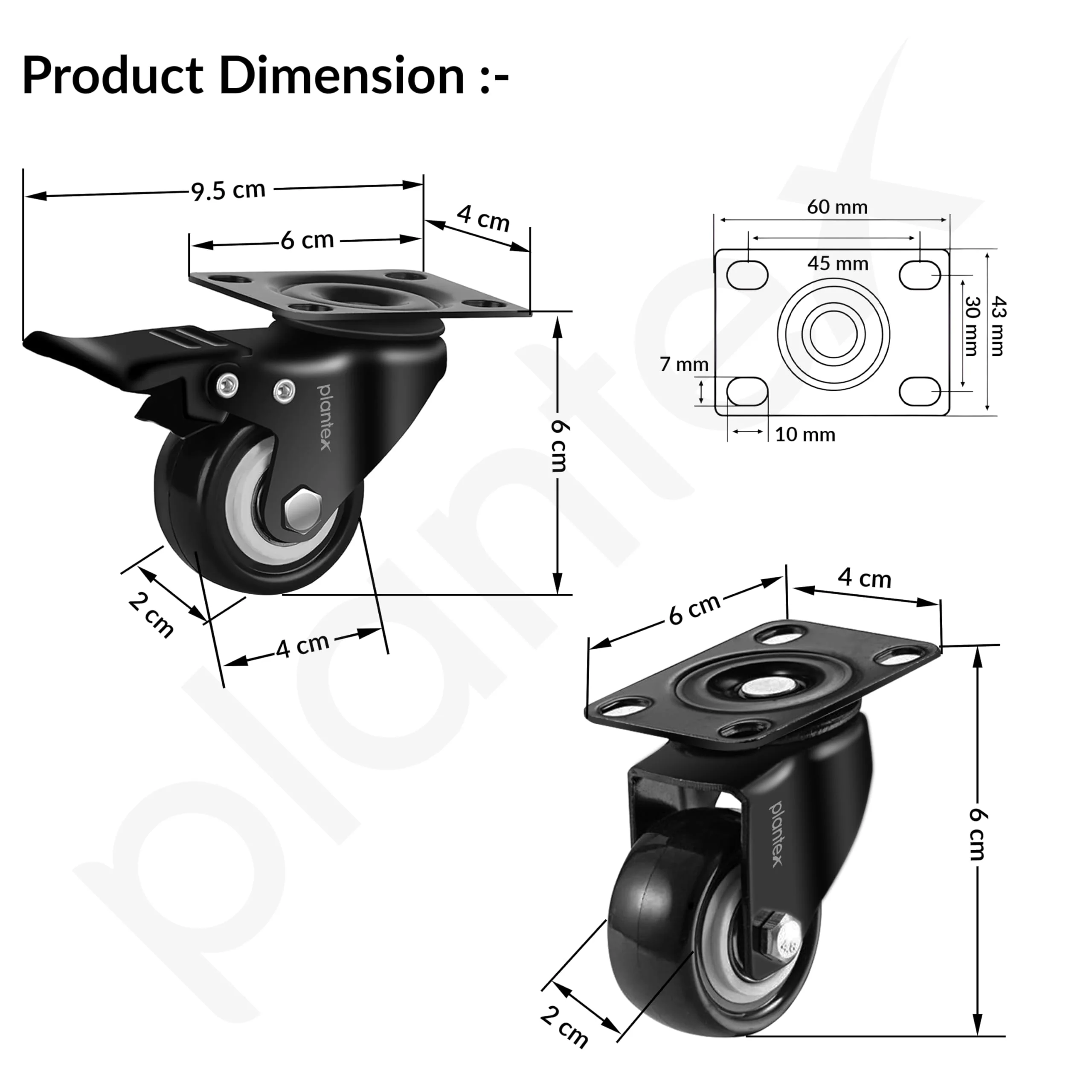 Plantex 1.5 Inch Caster Wheel/Heavy Duty Soft PU Swivel Caster Wheels with 360 Degree No Noise/Wheels for Furniture/Trolley Cart/Sofa/Table - Black - Set of 4 (2 with Brakes & 2 Without) - Image 3