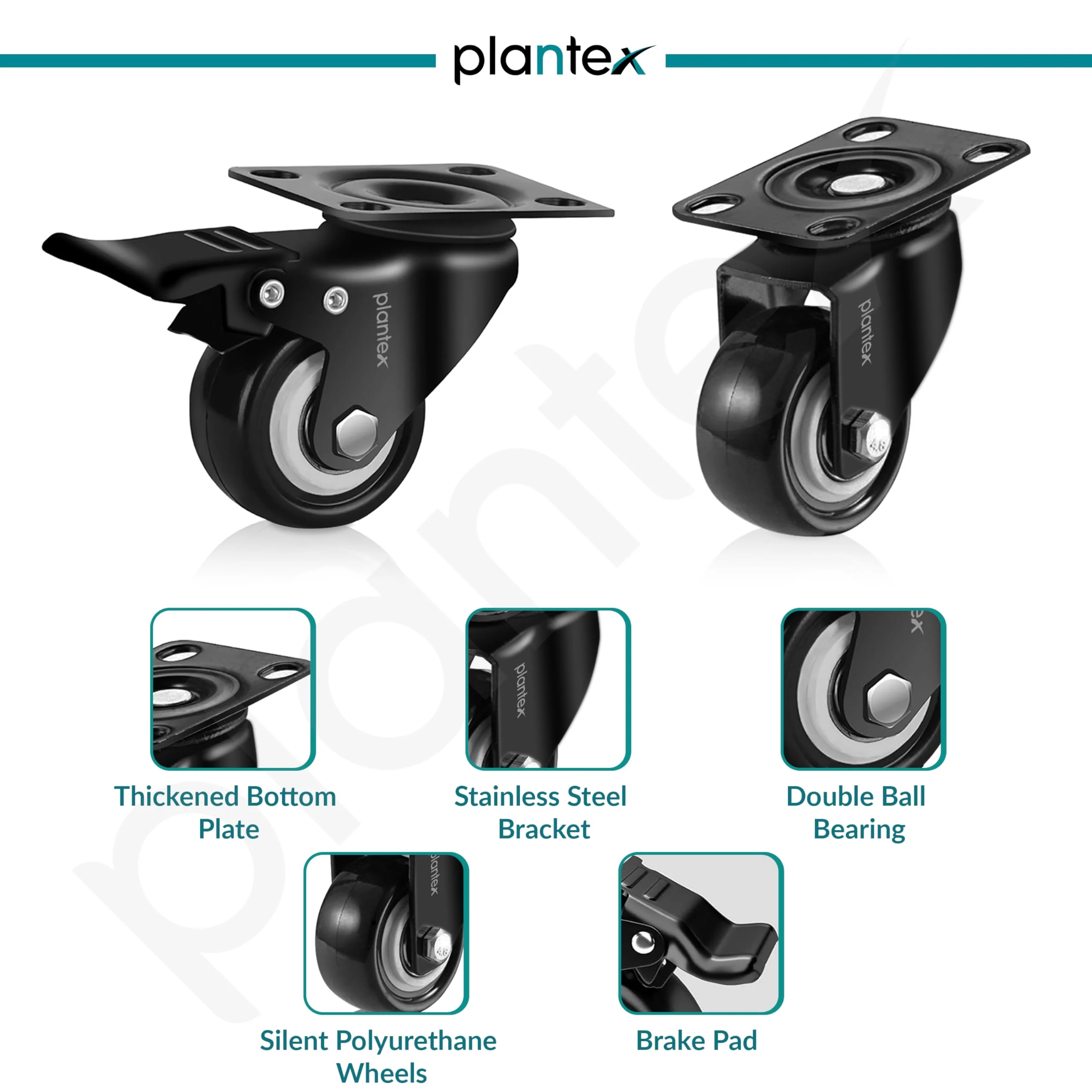 Plantex 1.5 Inch Caster Wheel/Heavy Duty Soft PU Swivel Caster Wheels with 360 Degree No Noise/Wheels for Furniture/Trolley Cart/Sofa/Table - Black - Set of 4 (2 with Brakes & 2 Without) - Image 5