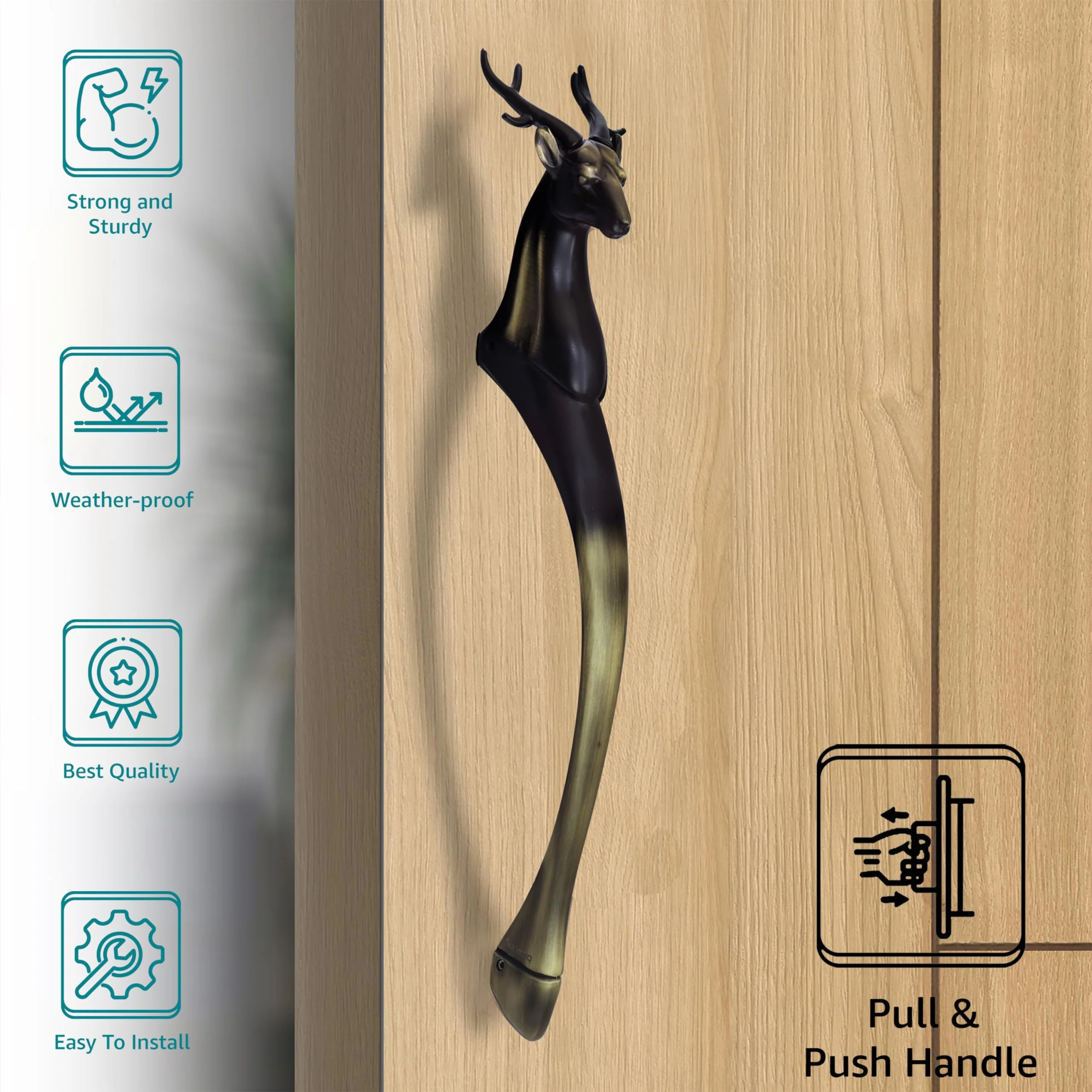 Plantex 13 Inch Deer Shape Door Handle for Main Door/Heavy Duty Main Handles/Pull Push Antique Door Handle for Home/Office - Pack of 1 (Brass Antique) - Image 2