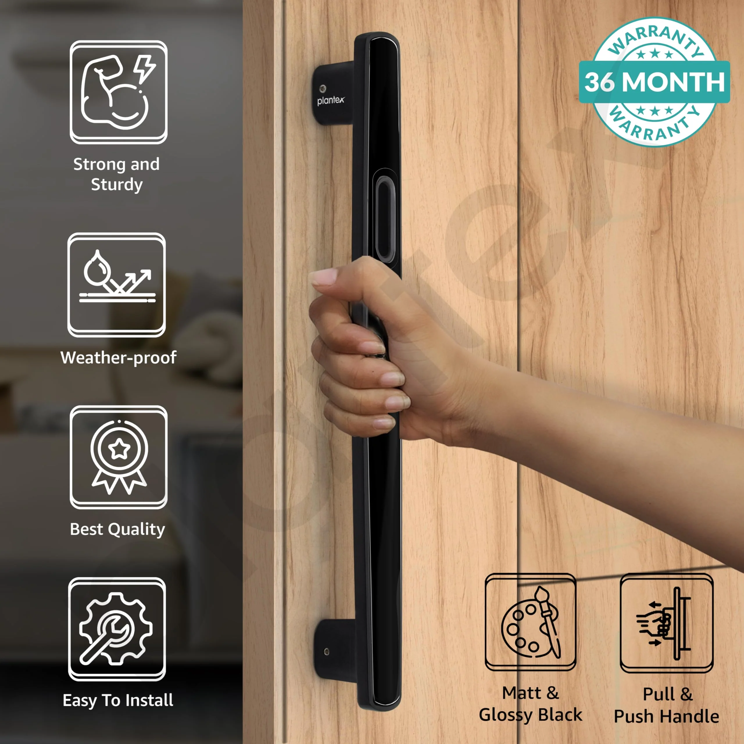 Plantex 14 Inch Main Door Handle for Wooden Doors - Pull-Push Handle Accessory - Pack of 1 (Black) - Image 2