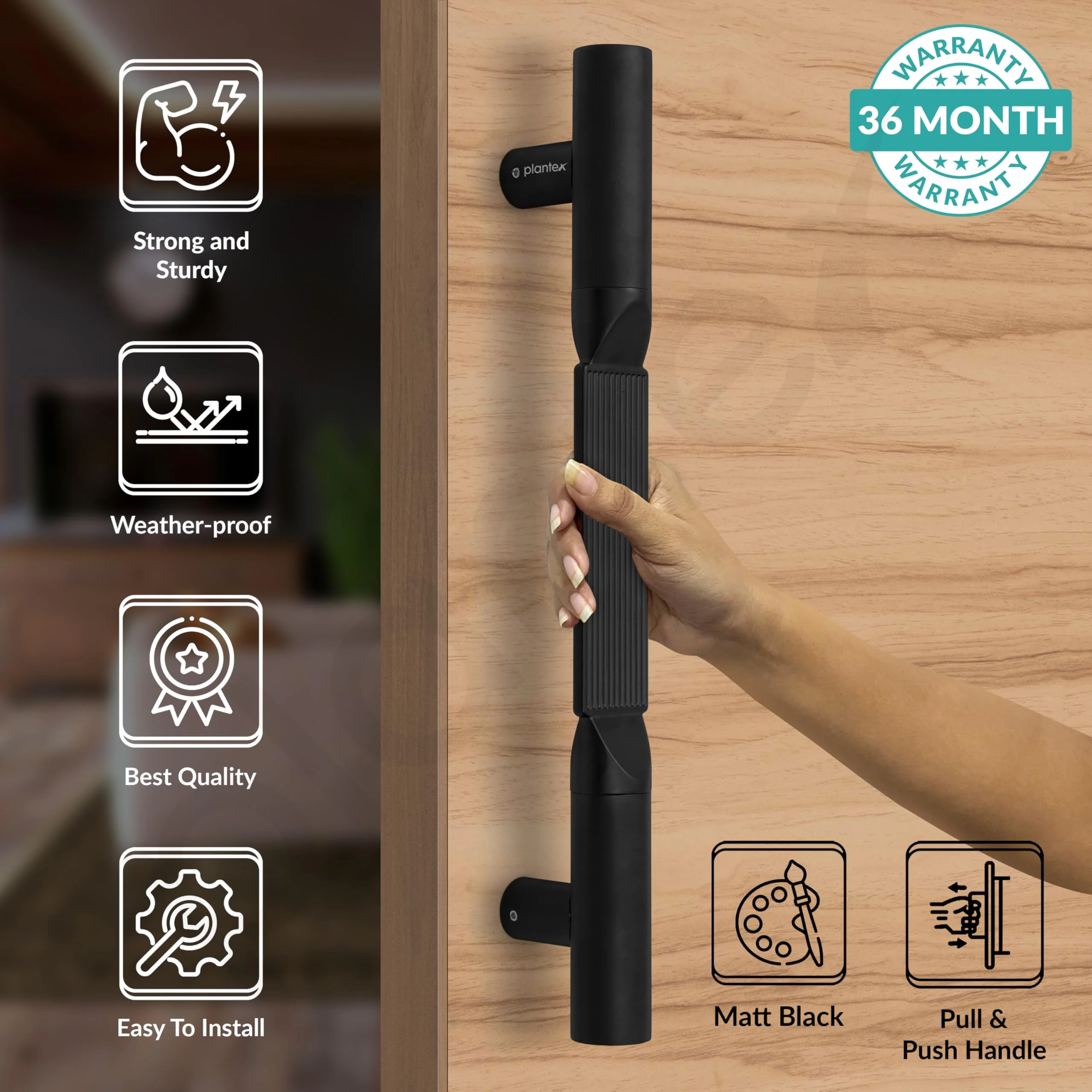 Plantex 15 Inch Main Door Handle for Wooden Doors - Pull-Push Handle Accessory (Pack of 1, Black) 3 Years Warranty - Image 2