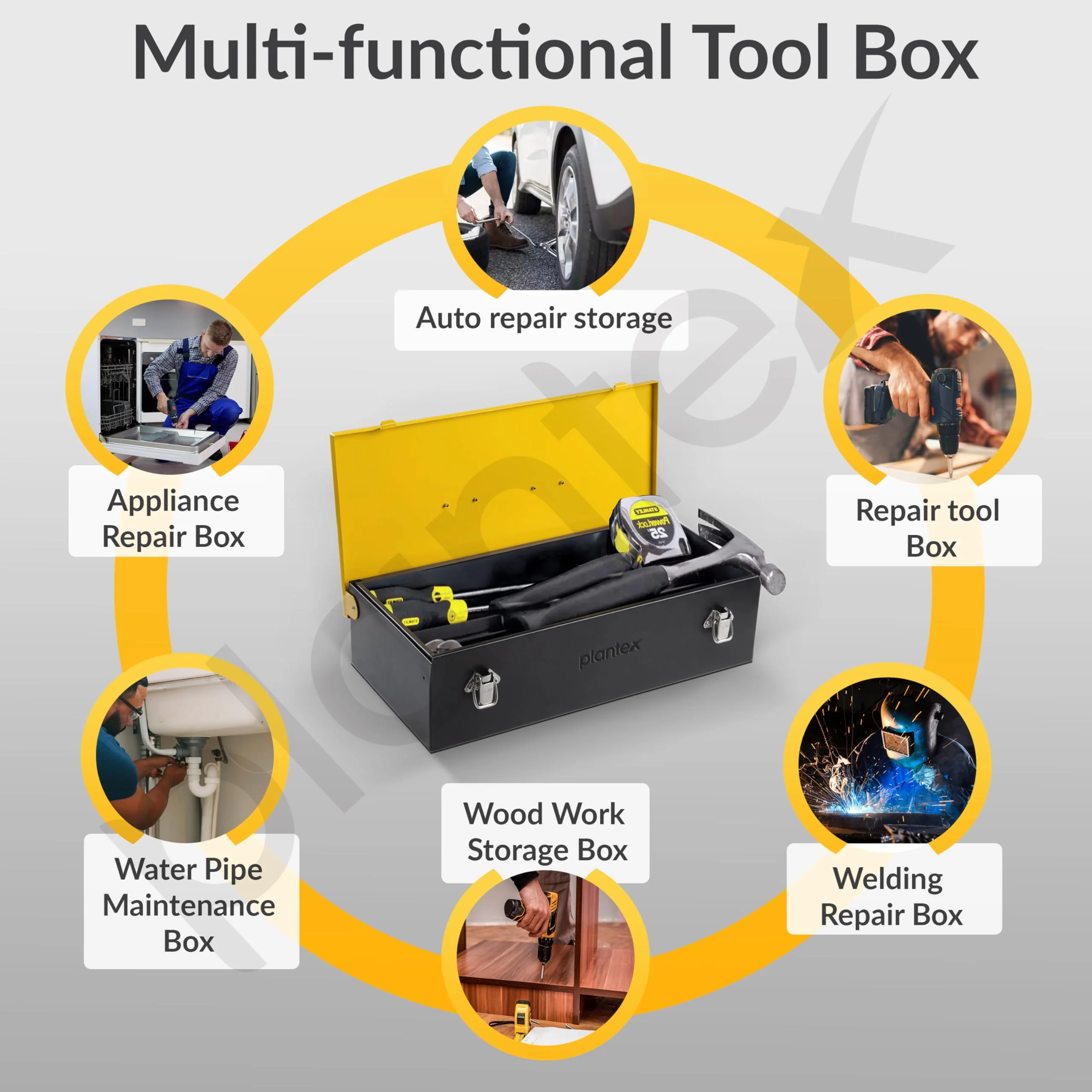 Plantex 16-inch Metal Tool Box/Tool Box for Home/Storage Box With Clear Top Lid & Removable Tray Compartment For Easy & Convenient Storage/Multi-Purpose Compact Tools Box (Yellow & Black) - Image 4