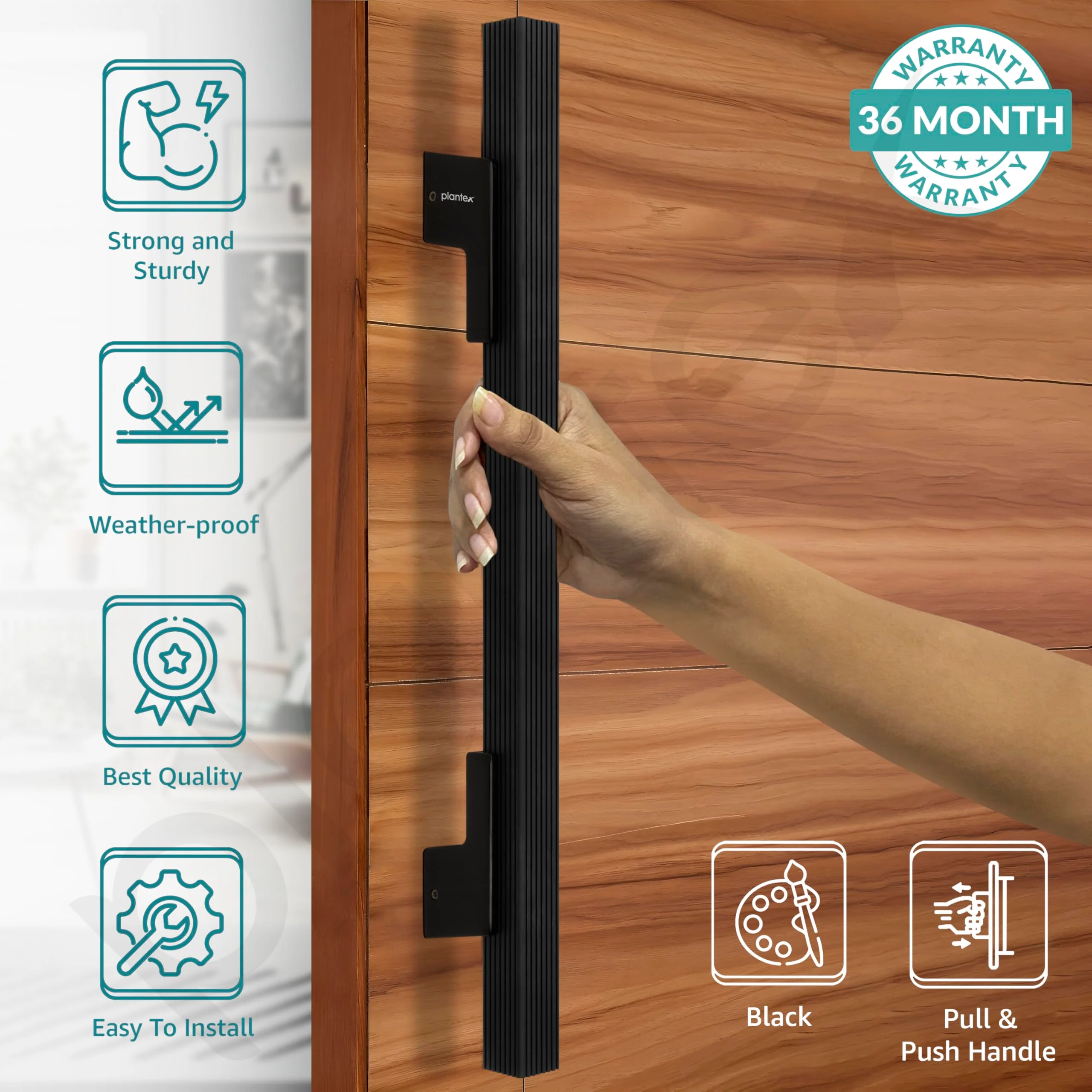 Plantex 17 Inch Main Door Handle for Wooden Doors - Pull-Push Handle Accessory (Pack of 1, Black) - Image 2