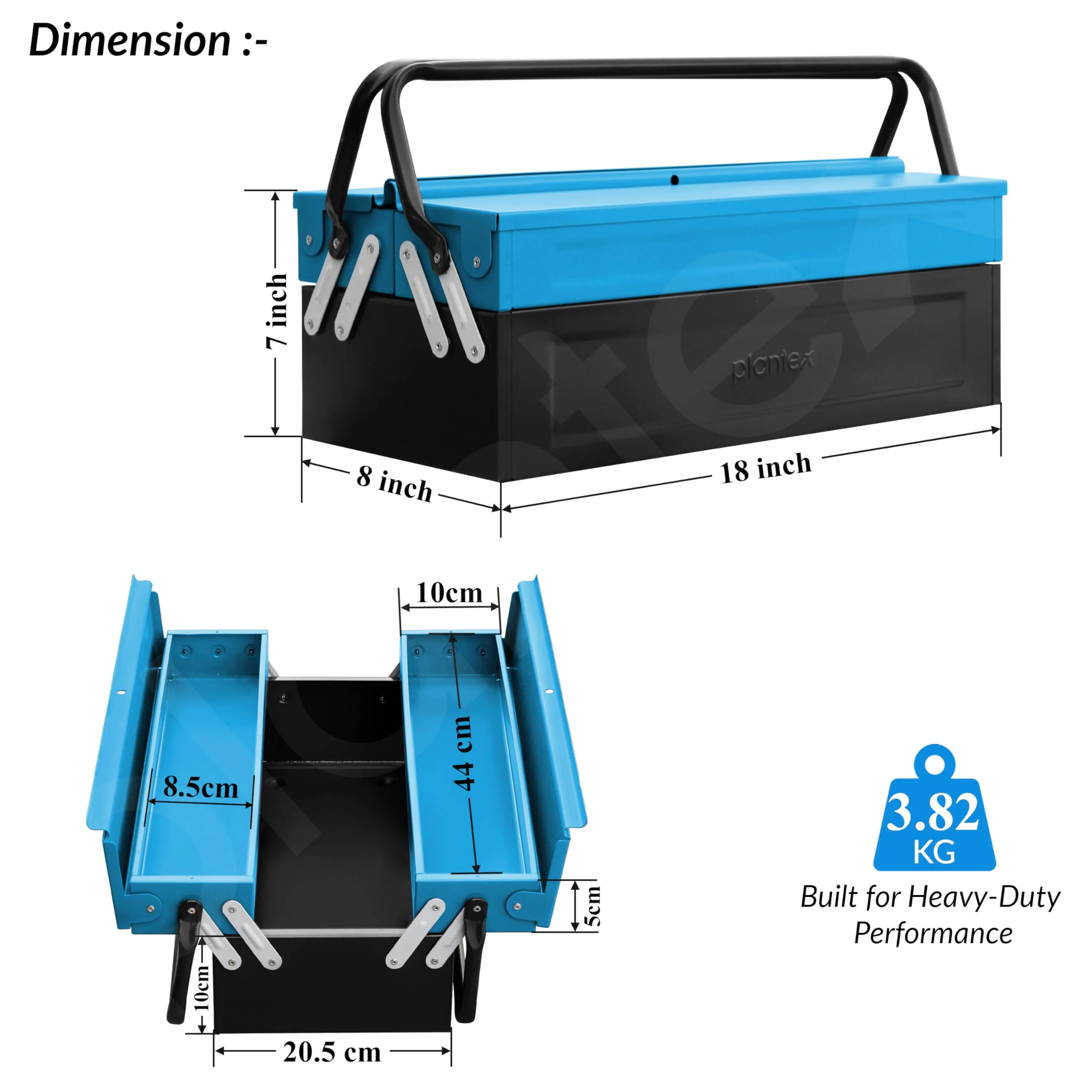 Plantex 18 Inch Metal Tool Box/Empty Tool Kit Box With Large Capacity & Strong Handle/3 Cabinet Tools Box for Home Use/Tool Organizer for Essential Tools - (Blue & Black) - Image 3