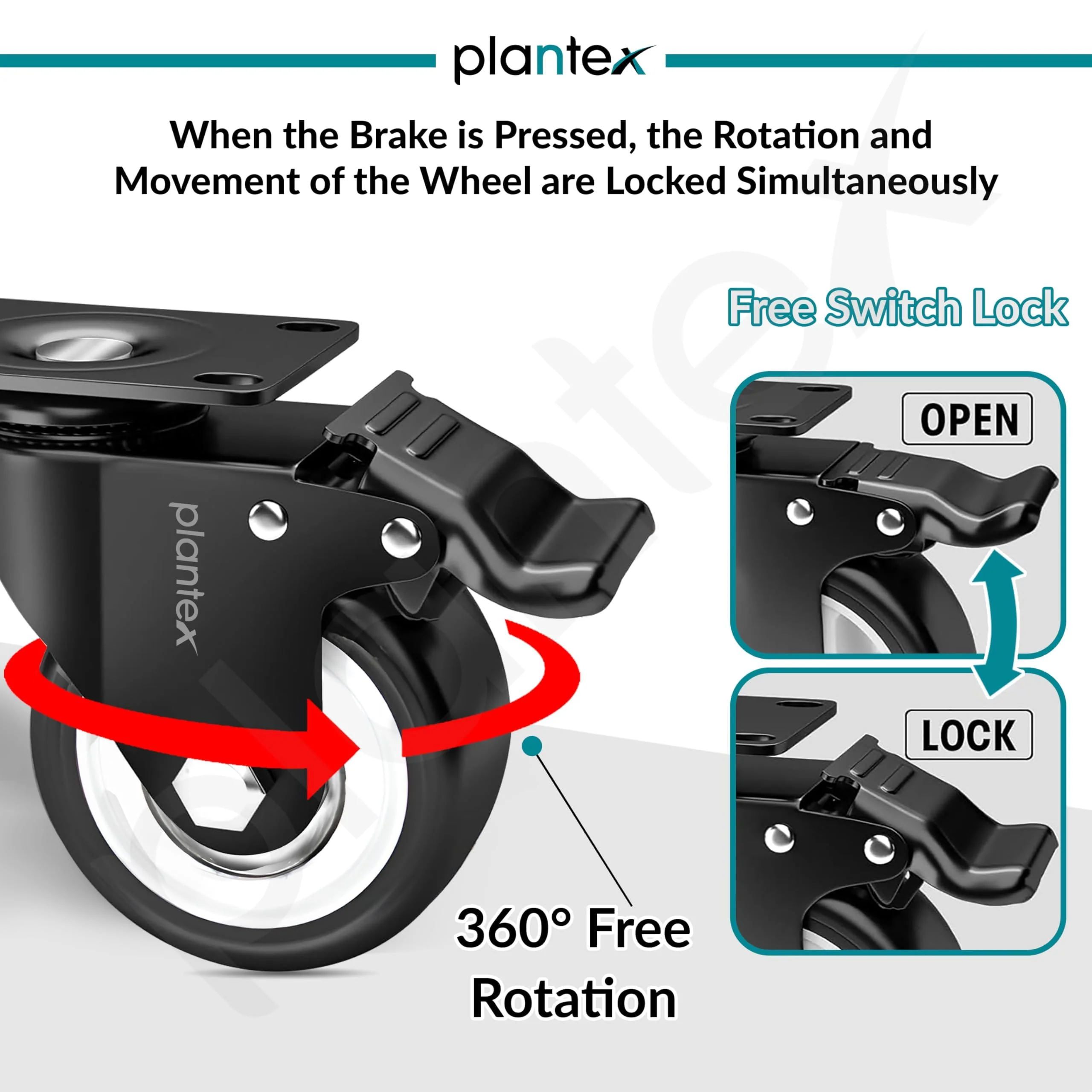 Plantex 2 .5 Inch Caster Wheel/Heavy Duty Soft PU Swivel Caster Wheels with 360 Rotation and No Noise/Wheels for Heavy Furniture/Trolley Cart/Table - Set of 4 (Black) - (2 with Brakes & 2 Without) - Image 4