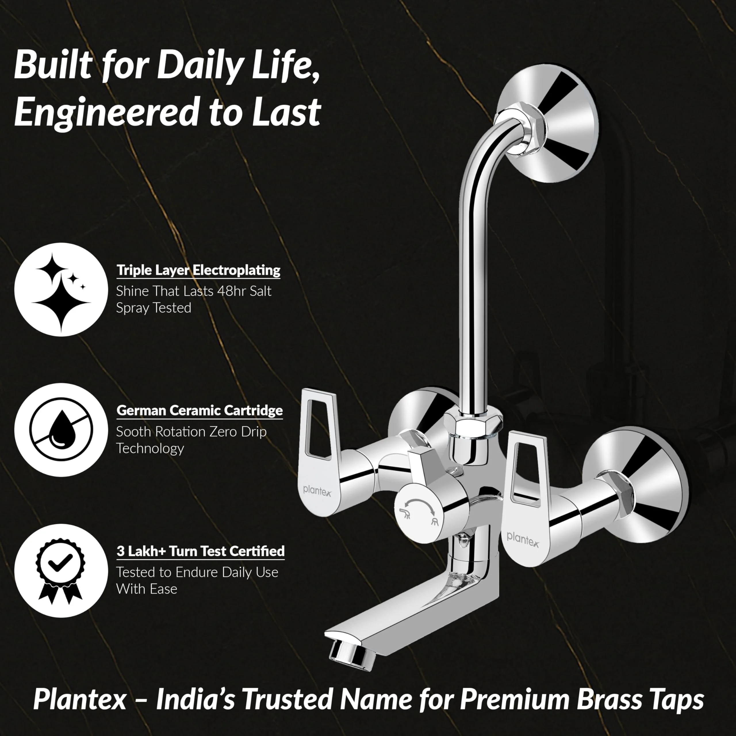 Plantex 2 in 1 Wall Mixer for Bathroom/Mixer L-Bend Provision for Overhead/Mixer Tap for Bathroom with Water Saving Nozzle and Wall Flange (3215, Chrome) - Image 2
