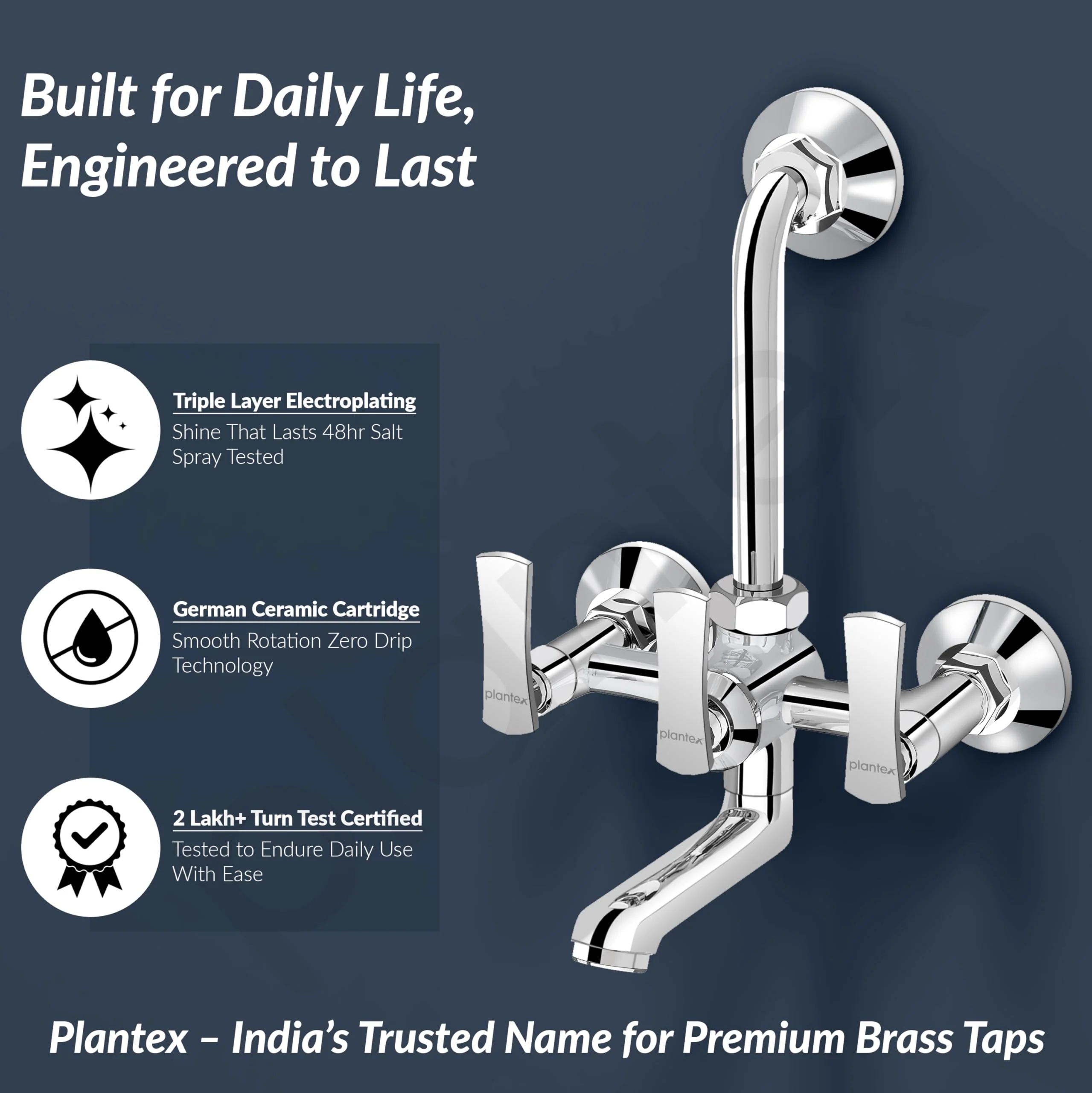 Plantex 2 in 1 Wall Mixer for Bathroom/Mixer L-Bend Provision for Overhead/Mixer Tap for Bathroom with Water Saving Nozzle and Wall Flange (3515, Chrome) - Image 3