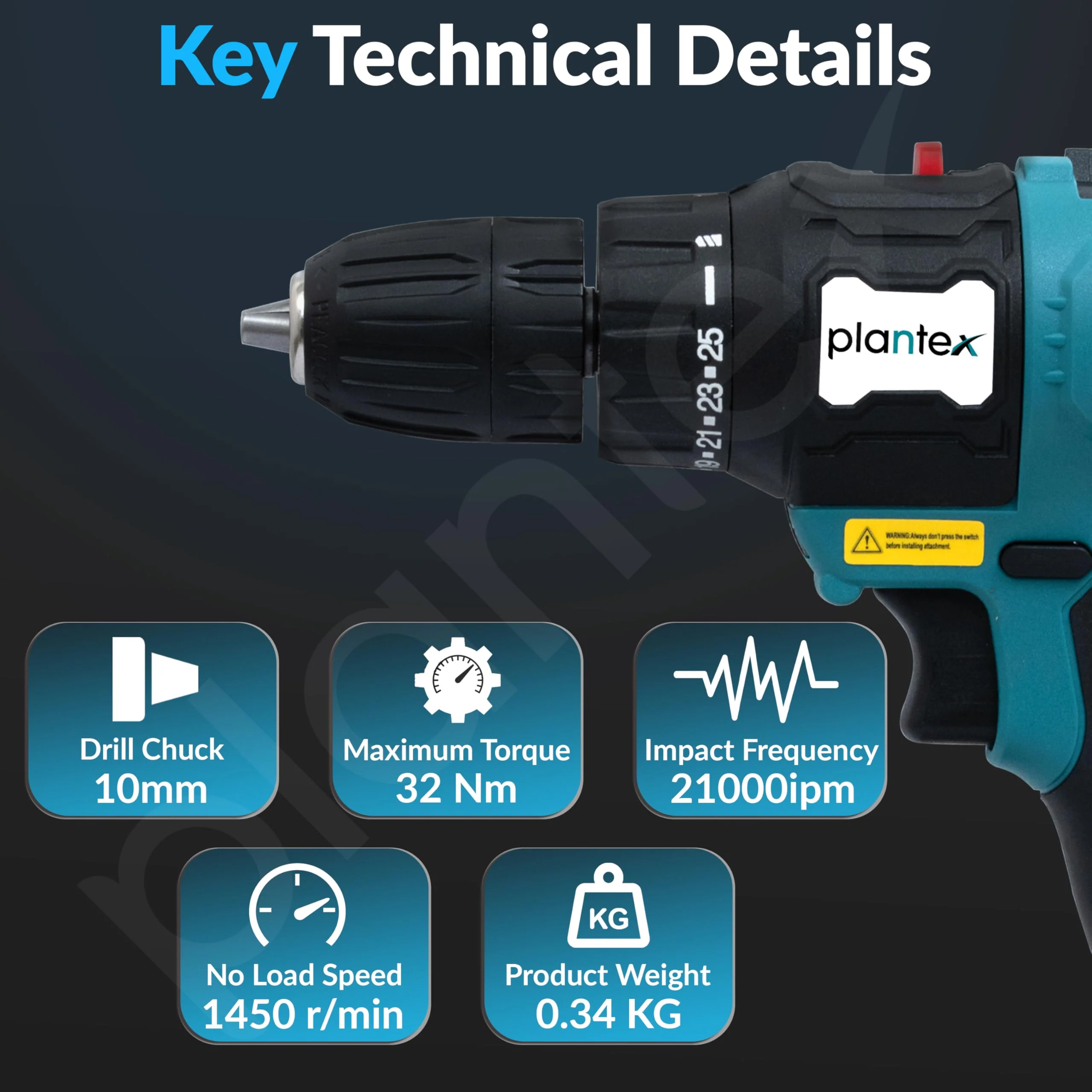 Plantex 2 Speed Electric Drill Machine/Screwdriver/10mm Drill Chuck/Torque 32Nm/Impact Frequency 0-21000ipm/Load Speed 0-400/1450r/min - Black (Mainframe, Battery & Charger Not Included) - Image 4