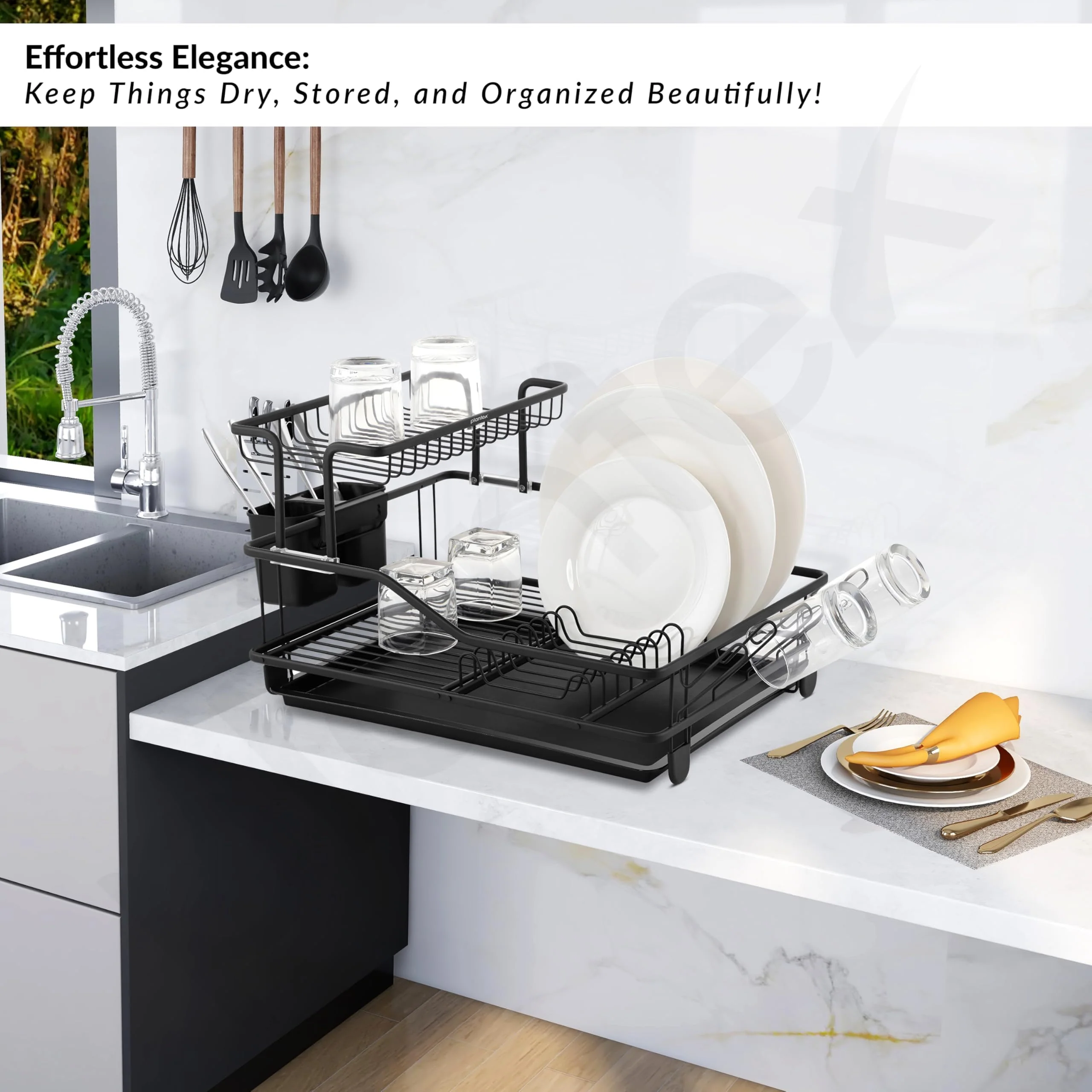 Plantex 2 Tier Dish Rack with Drainer Tray/Black Dish Drying Rack/GI Steel Utensil Stand with Drainer Tray, Plate & Bowl Holder, Glass Organizer for Kitchen - Image 5