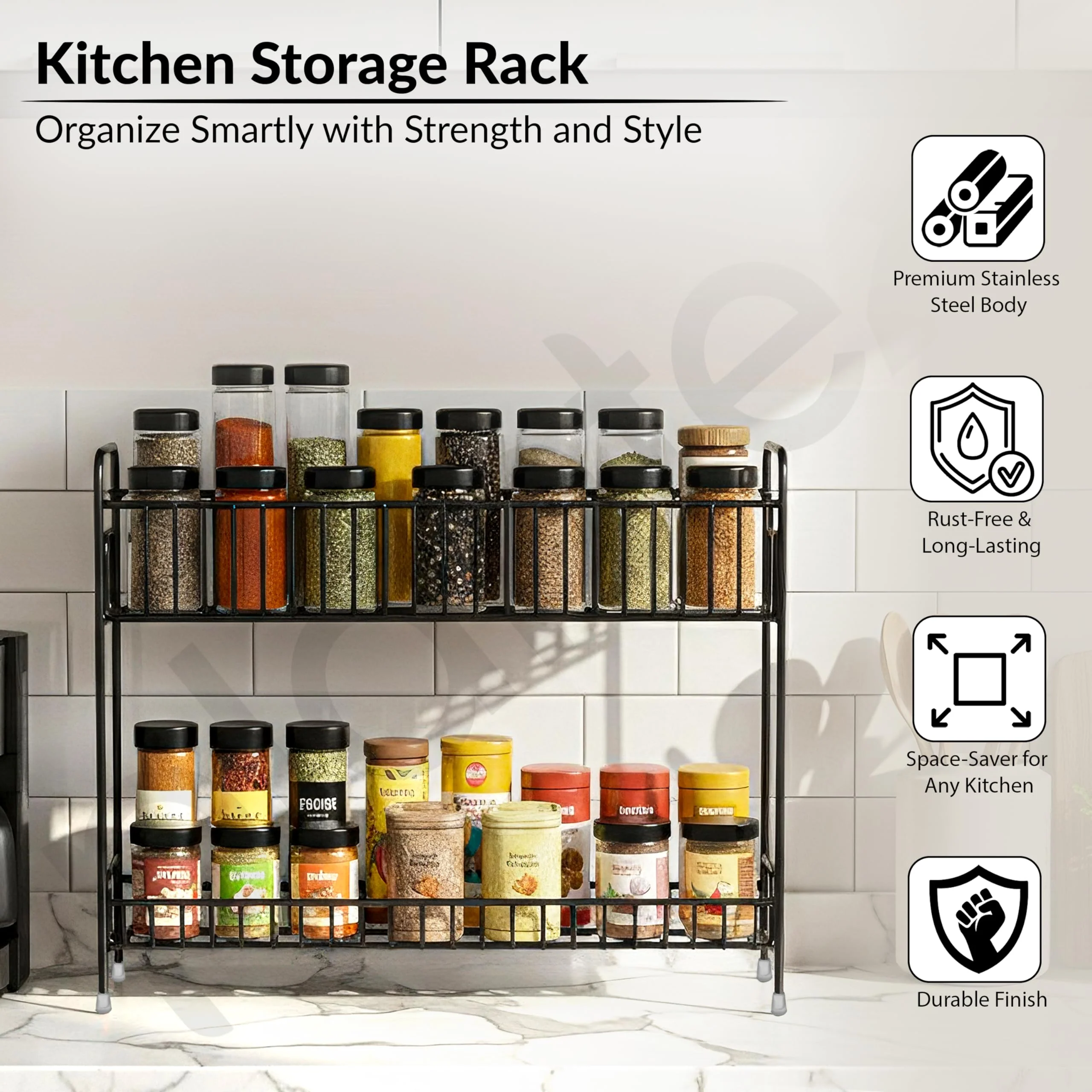 Plantex 2-Tier Stainless Steel Countertop, Tabletop Tiered Shelf Rack/Kitchen Organizer/Spice Jar Organizer/Storage Rack For Kitchen (Black) - Image 2