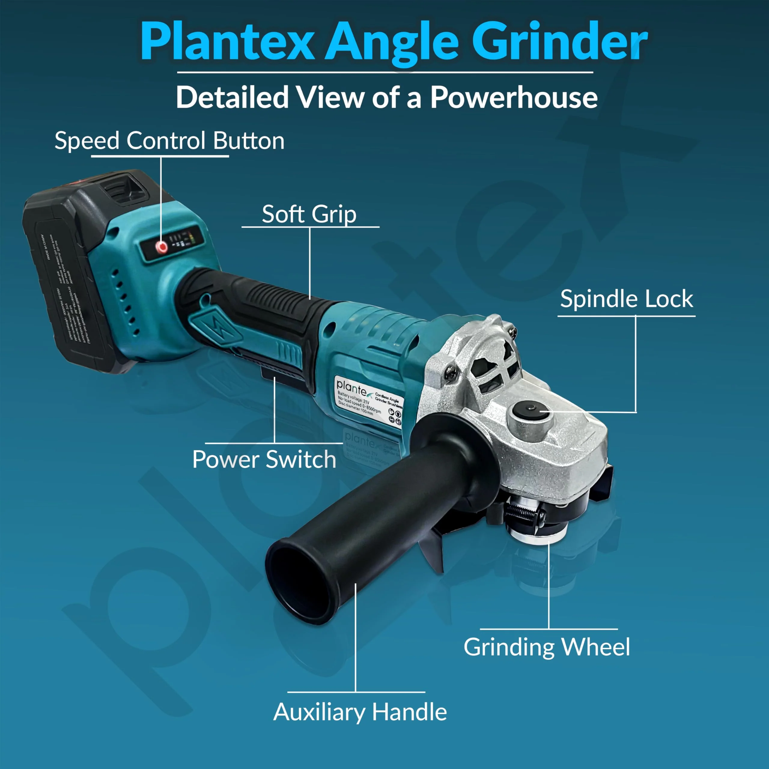 Plantex 21V Cordless Angle Grinder Machine with Battery and Charger/Load Speed 8500rpm/Grinding Tool/Brushless Motor - (Blue & Black) - Image 3