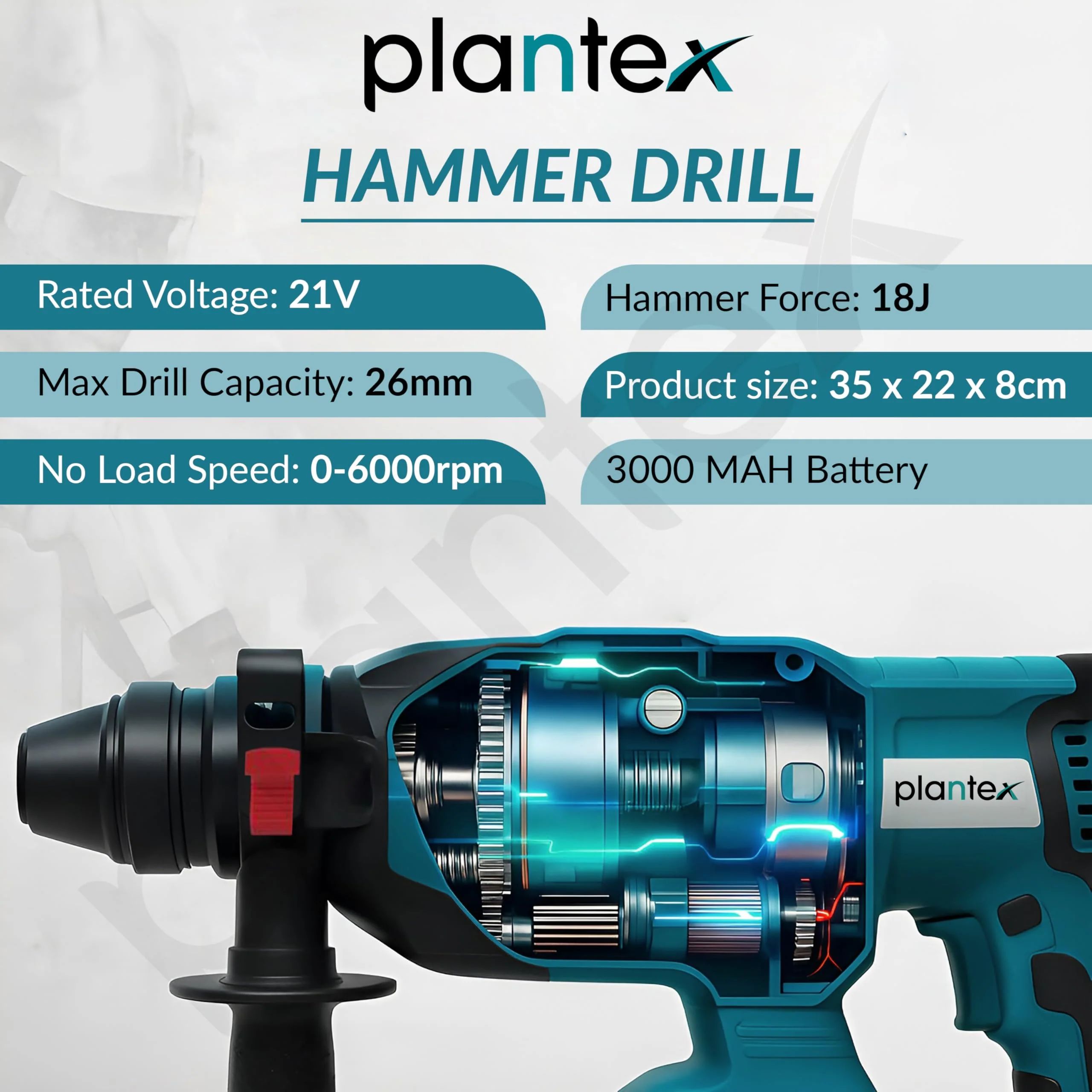 Plantex 21V Cordless Heavy Duty Hammer Drill Machine with battery & charger/Rotary Hammer/Load Speed 6000rpm/Copper winding - (Blue & Black) - Image 2