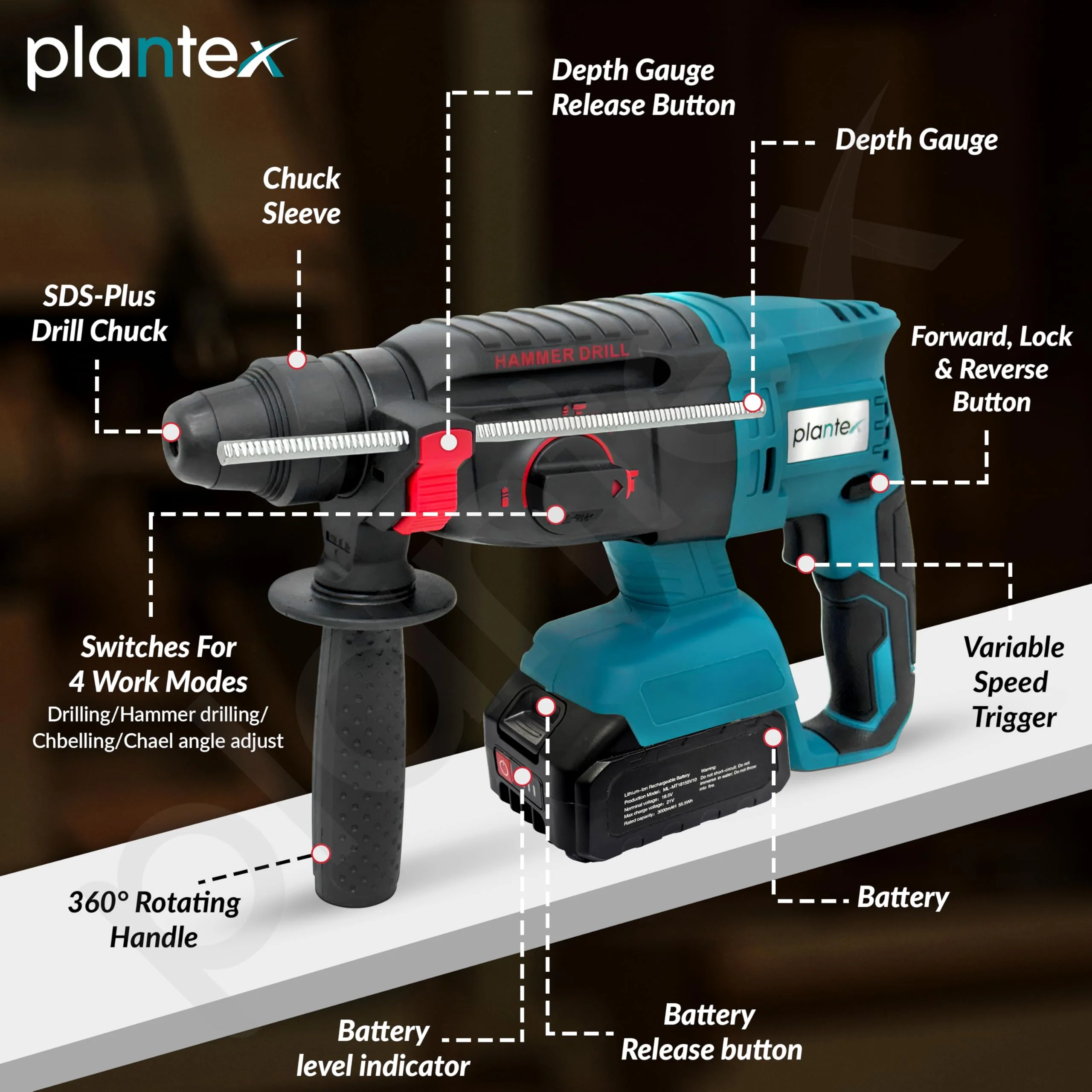 Plantex 21V Cordless Heavy Duty Hammer Drill Machine with battery & charger/Rotary Hammer/Load Speed 6000rpm/Copper winding - (Blue & Black) - Image 4