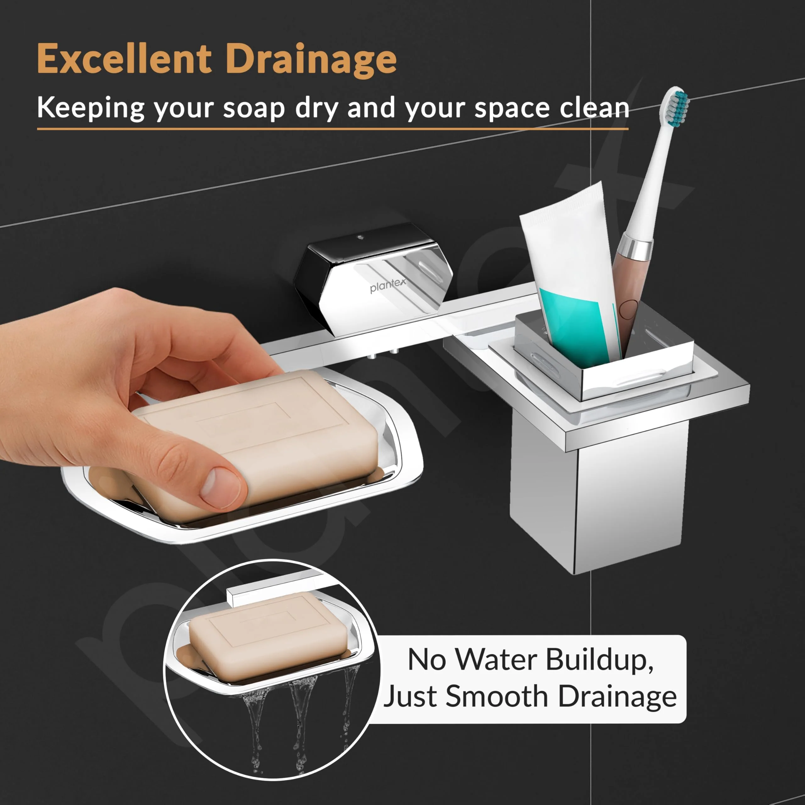 Plantex 2in1 Soap Dish with Tumbler Holder for Bathroom/304 Grade Stainless Steel Soap Holder with Toothbrush Holder/Bathroom Accessories - Pack of 1 (Delta - 2808, Chrome) - Image 6