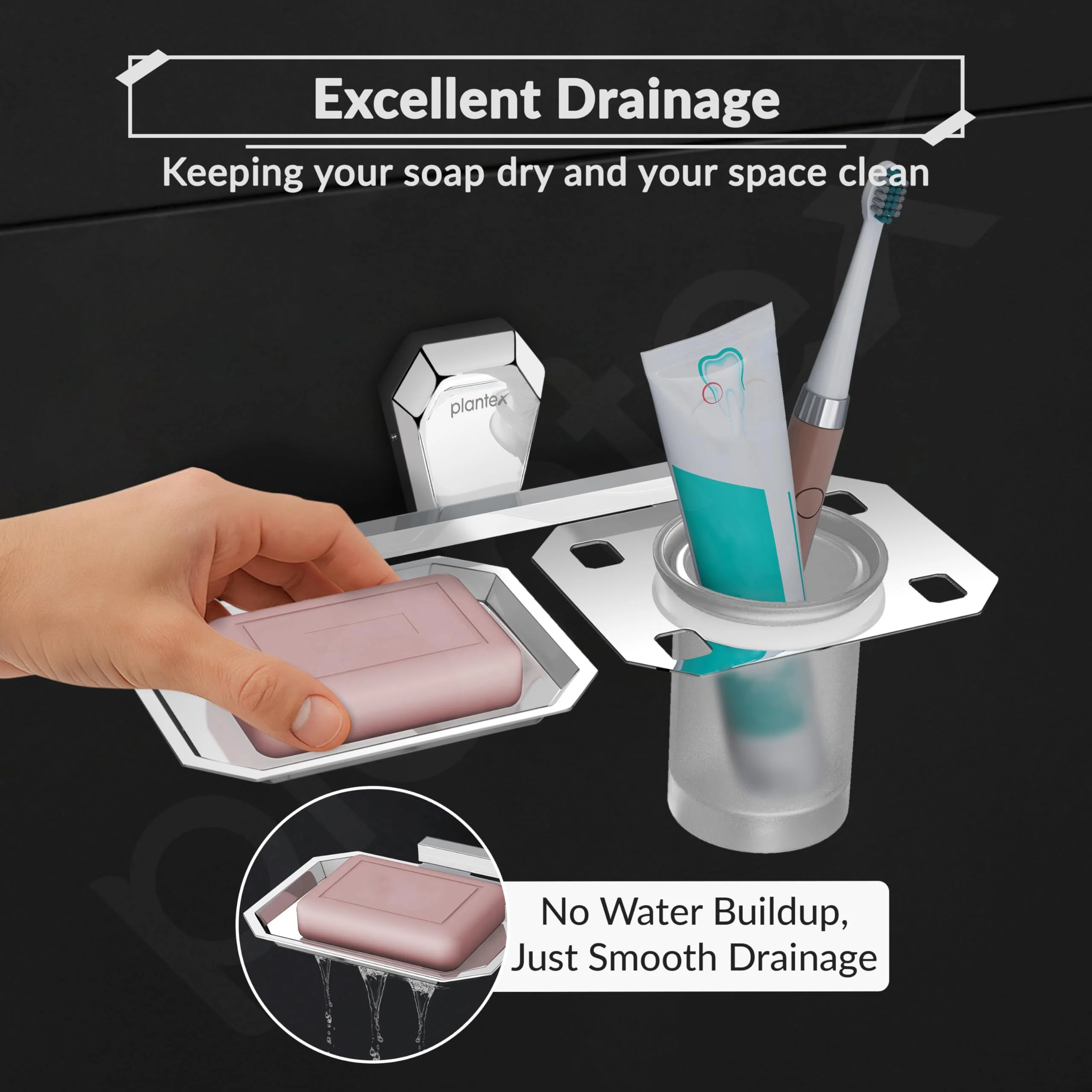 Plantex 2in1 Soap Dish with Tumbler Holder for Bathroom/304 Grade Stainless Steel Soap Holder with Toothbrush Holder/Bathroom Accessories - Pack of 1 (PM-2409, Chrome) - Image 6