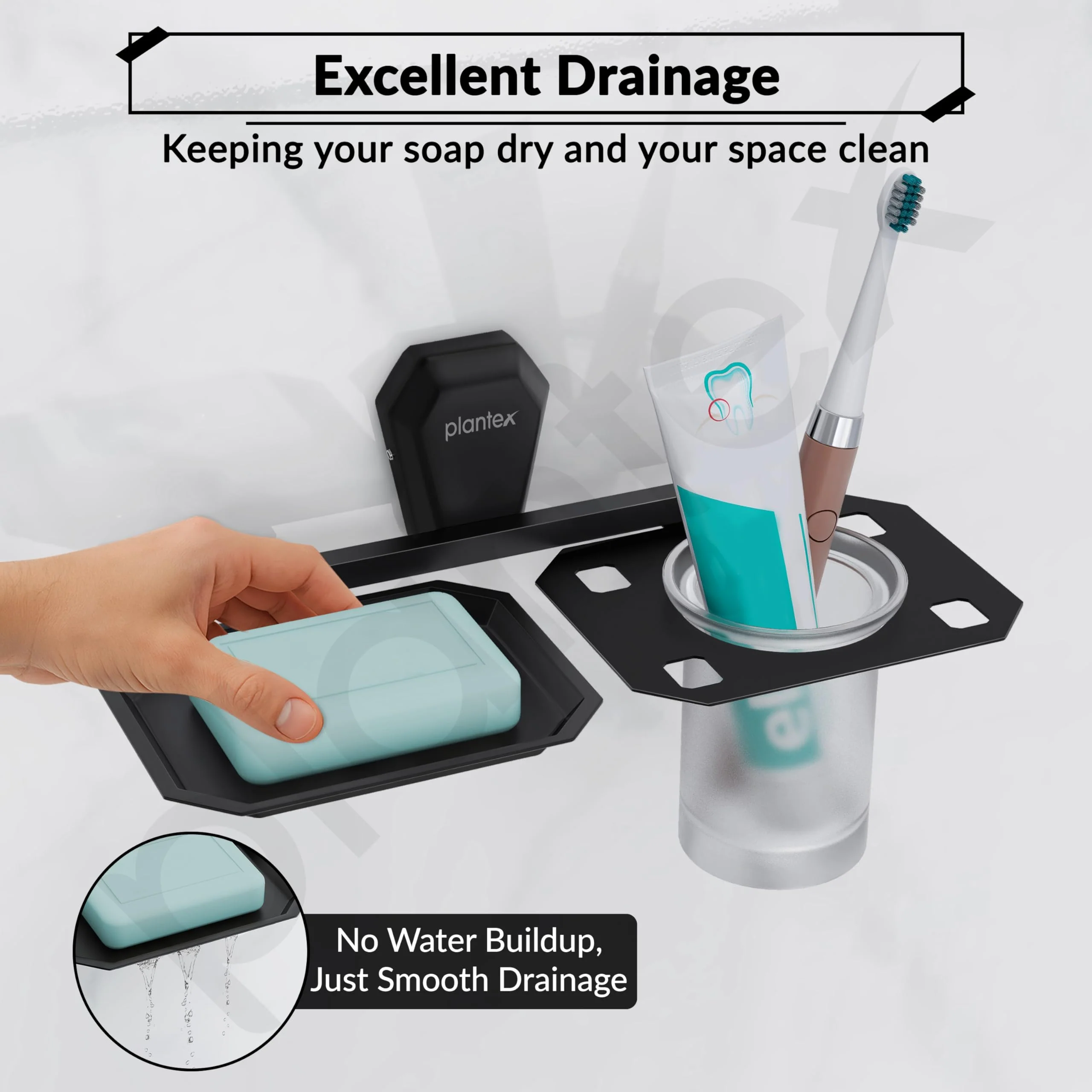 Plantex 2in1 Soap Dish with Tumbler Holder for Bathroom/304 Grade Stainless Steel Soap Holder with Toothbrush Holder/Bathroom Accessories - Pack of 1 (PMB-2409, Z-Black) - Image 6