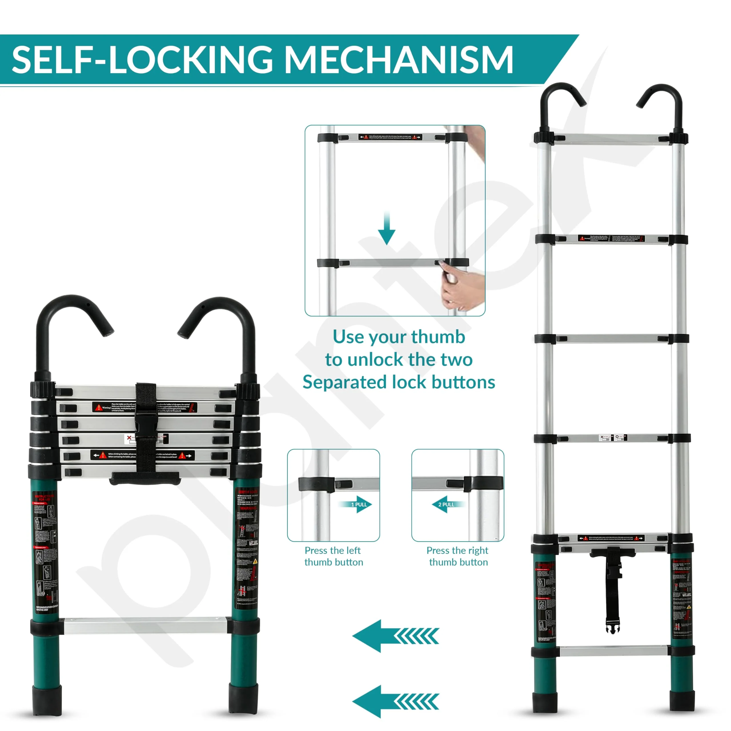 Plantex 2m (6.5 ft.) Aluminium Telescopic Ladder/7-Steps Portable Ladder with Removable Hooks/Foldable Multipurpose Collapsible Ladder for Home & Outdoor Use/2 Years of Warranty - (Green) - Image 2
