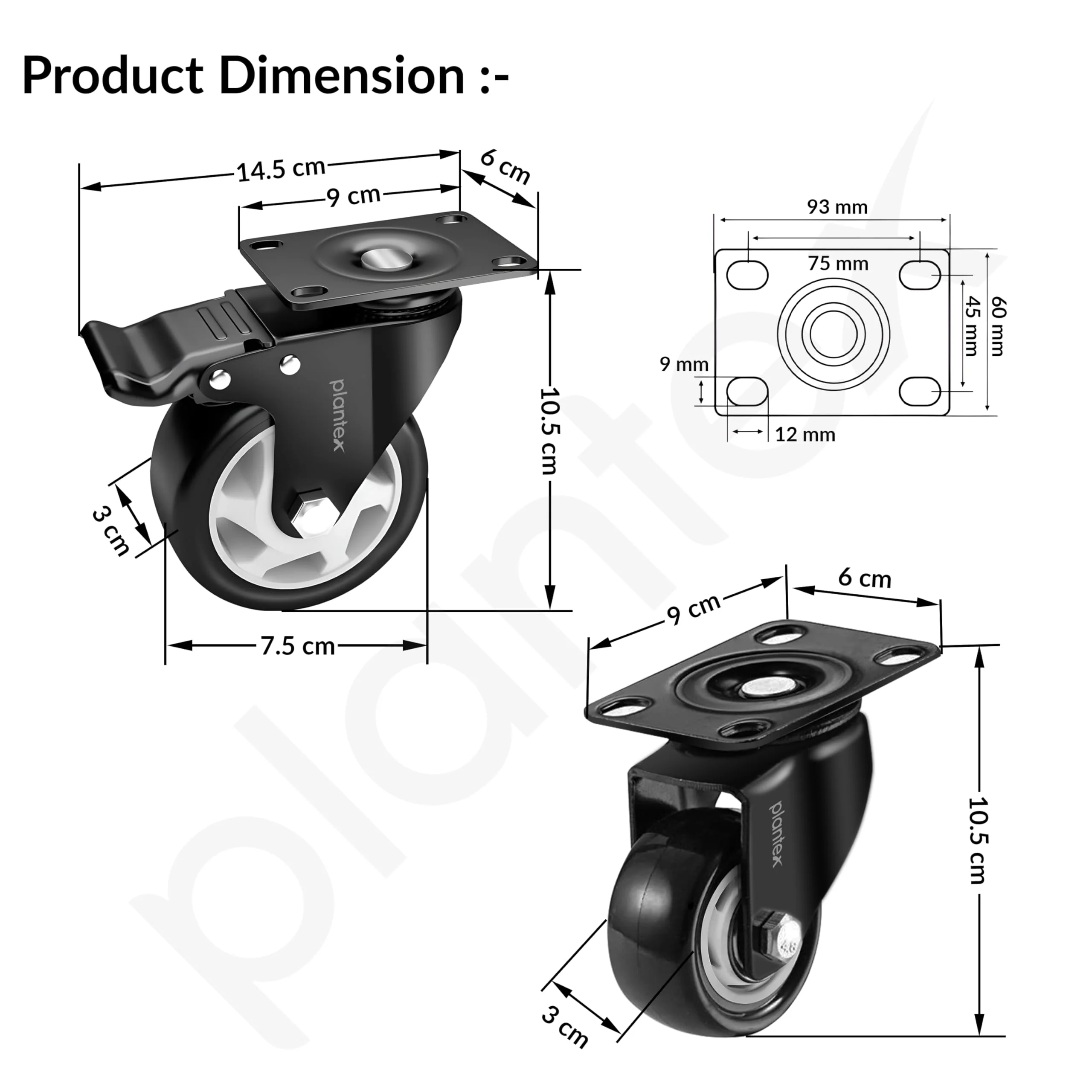Plantex 3 Inch Caster Wheel/Soft PU Swivel Caster Wheels with 360 Degree Rotation and No Noise/Wheels for Heavy Furniture/Table/Trolley Cart - Set of 4 (2 with Brakes & 2 Without) - Black - Image 3
