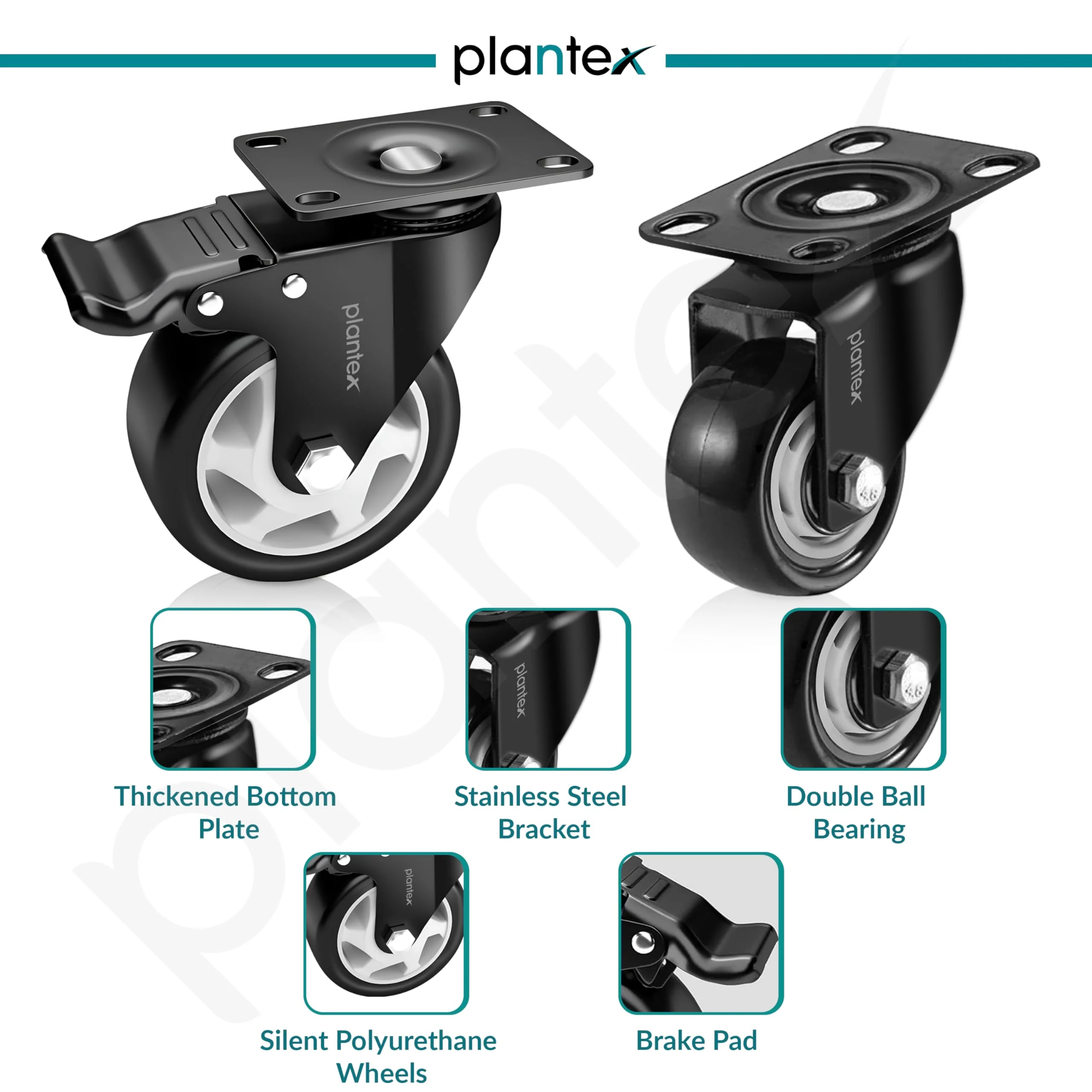 Plantex 3 Inch Caster Wheel/Soft PU Swivel Caster Wheels with 360 Degree Rotation and No Noise/Wheels for Heavy Furniture/Table/Trolley Cart - Set of 4 (2 with Brakes & 2 Without) - Black - Image 4