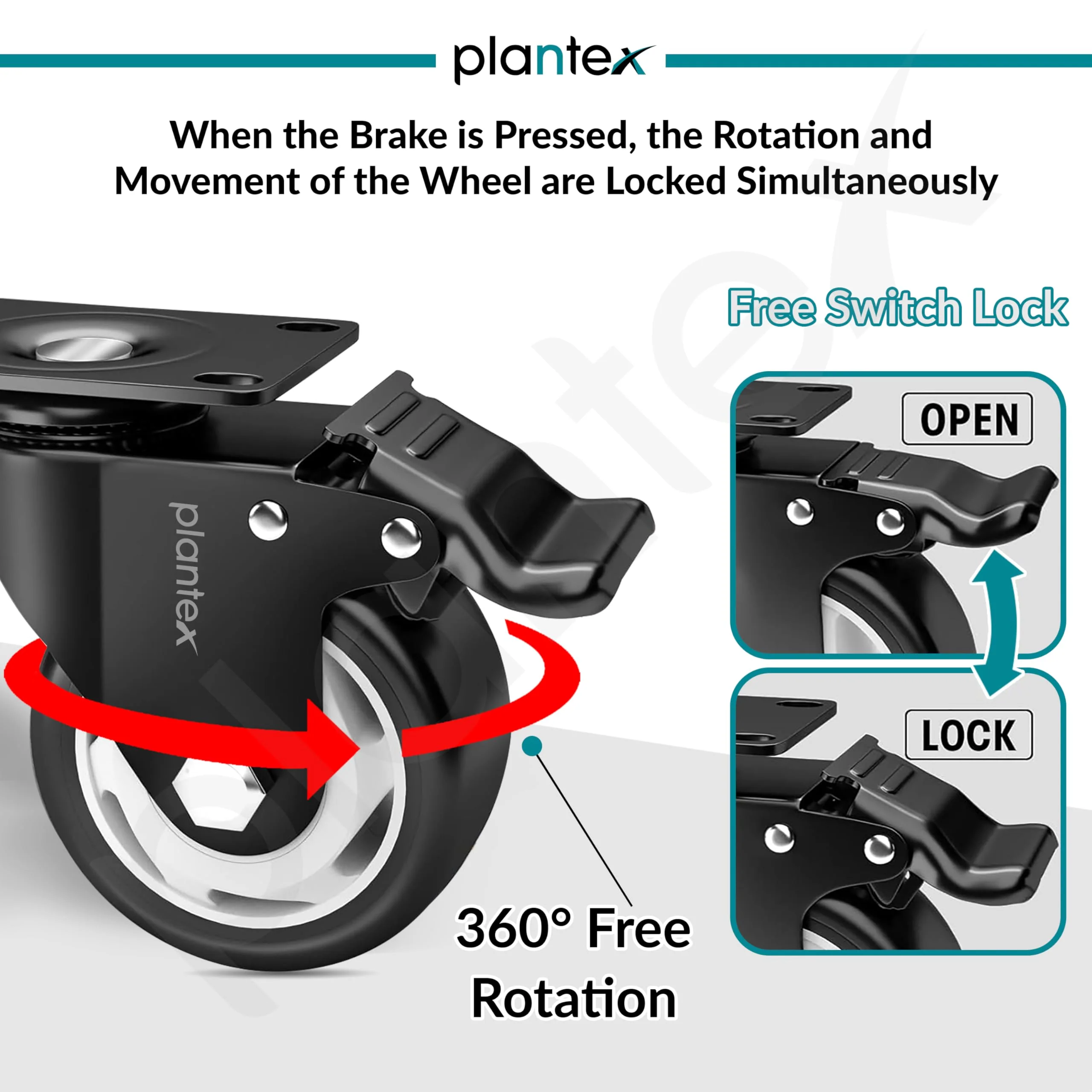 Plantex 3 Inch Caster Wheel/Soft PU Swivel Caster Wheels with 360 Degree Rotation and No Noise/Wheels for Heavy Furniture/Table/Trolley Cart - Set of 4 (2 with Brakes & 2 Without) - Black - Image 5