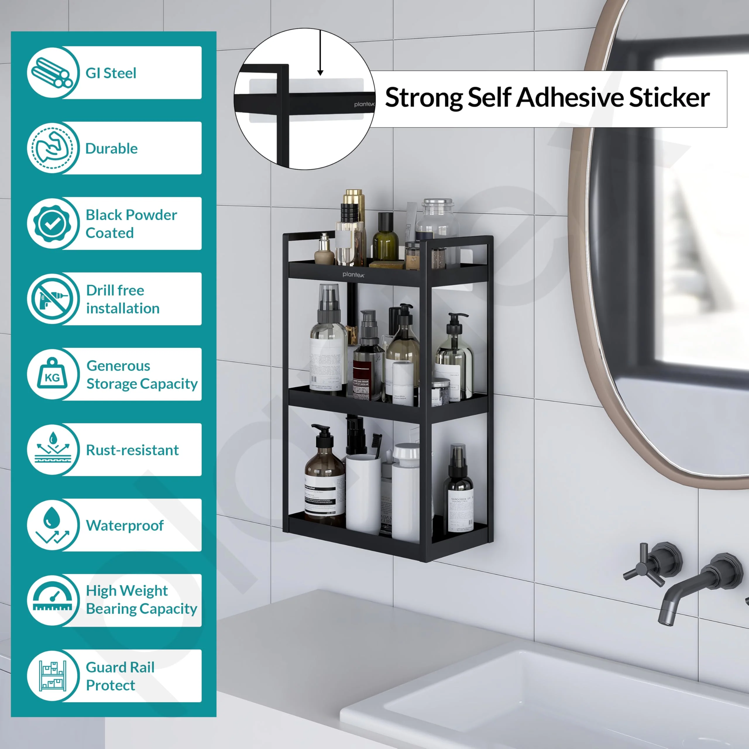 Plantex 3 Tier Self Adhesive Bathroom Shelf/Multipurpose Bathroom Countertop Storage Shelf/Metal Standing Spice Rack Storage Organizer for Kitchen(Black, Powder Coated) - Image 3