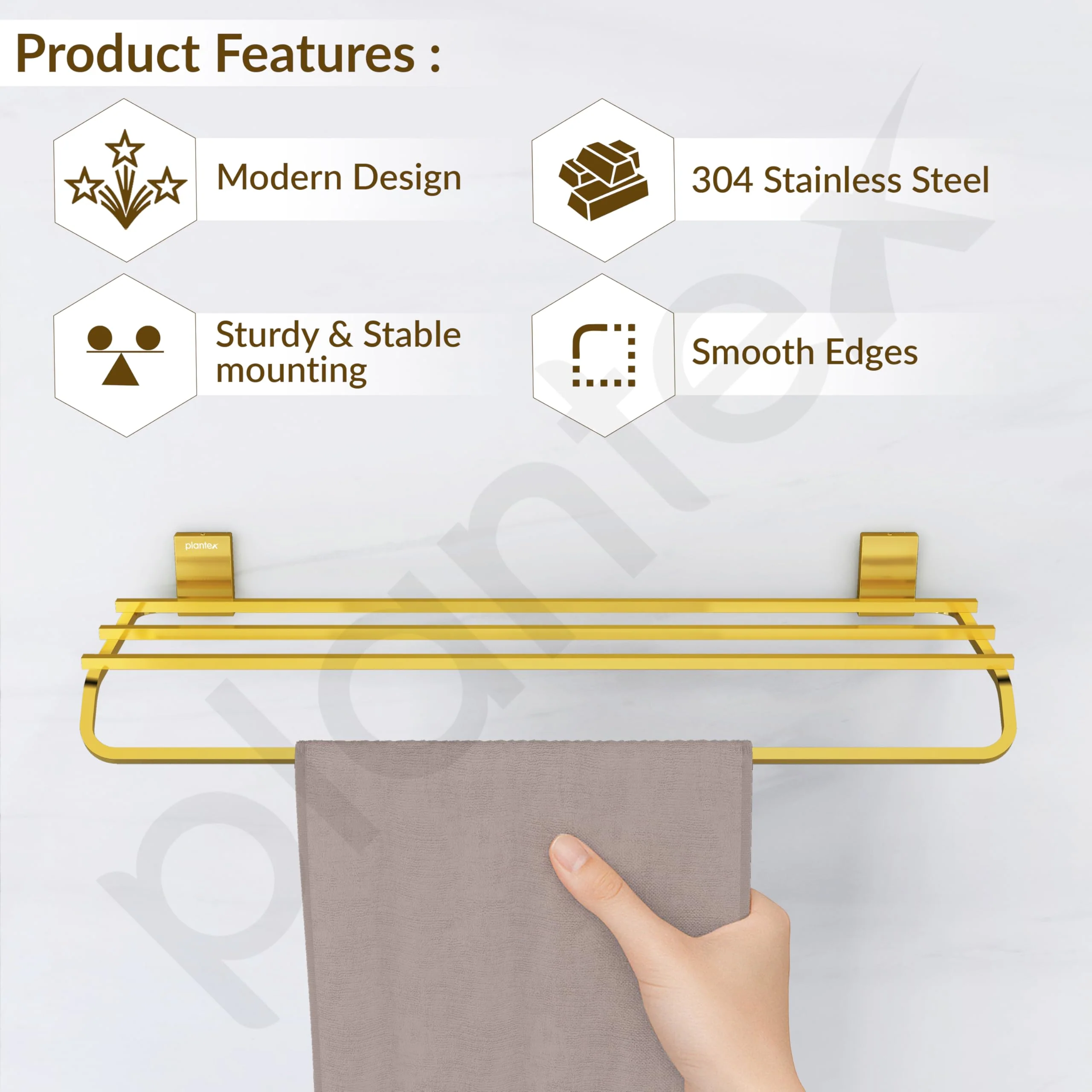 Plantex 304 Grade Stainless Steel 24-Inch Bathroom Towel Rack/Towel Bar/Towel Stand/Towel Rod/Bathroom Accessories (Crystal - PVD Gold) - Image 2