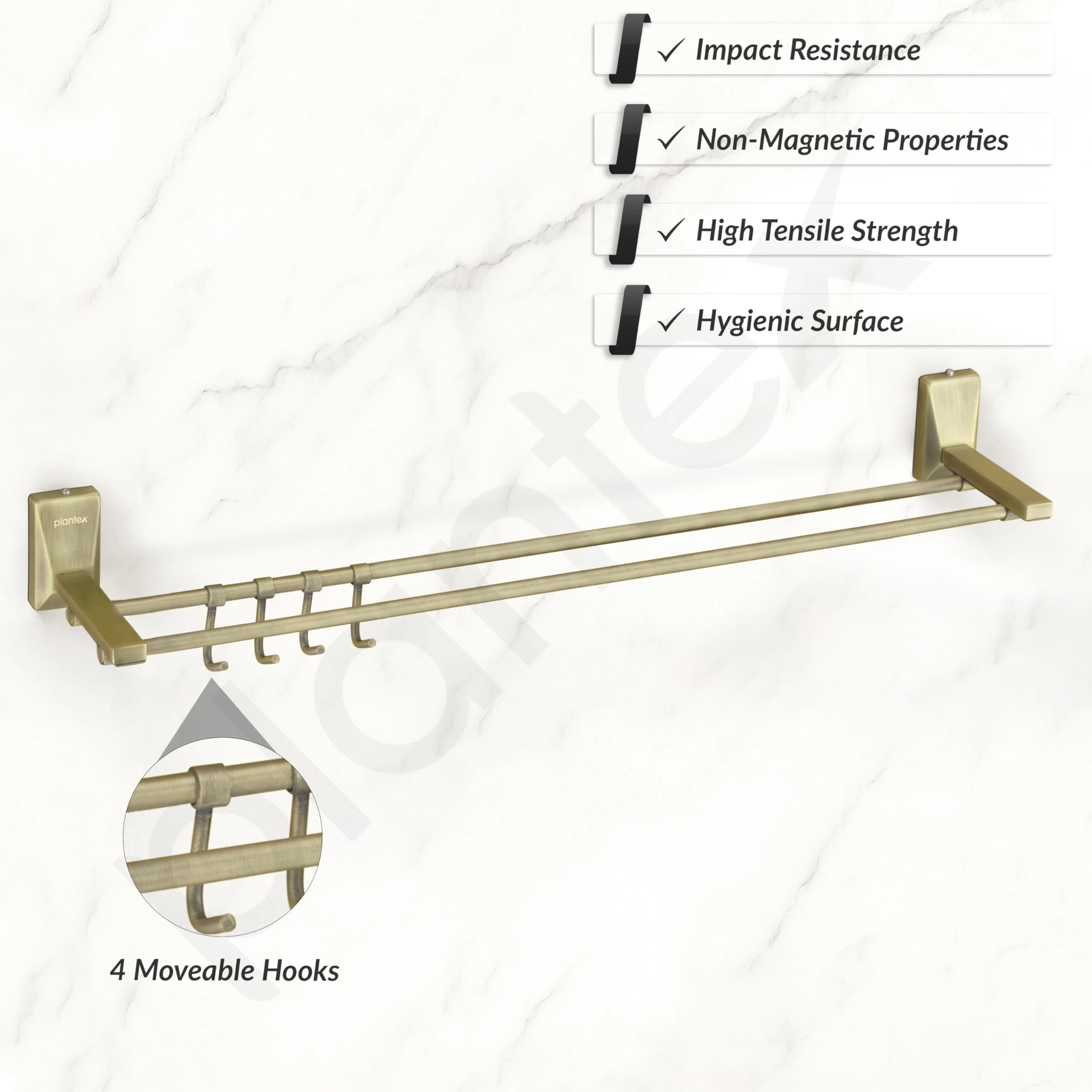 Plantex 304 Grade Stainless Steel 24 inch Dual Towel Rod/Towel Holder/Towel Hanger/Bathroom Accessories - Crystal (Brass Antique) - Image 4
