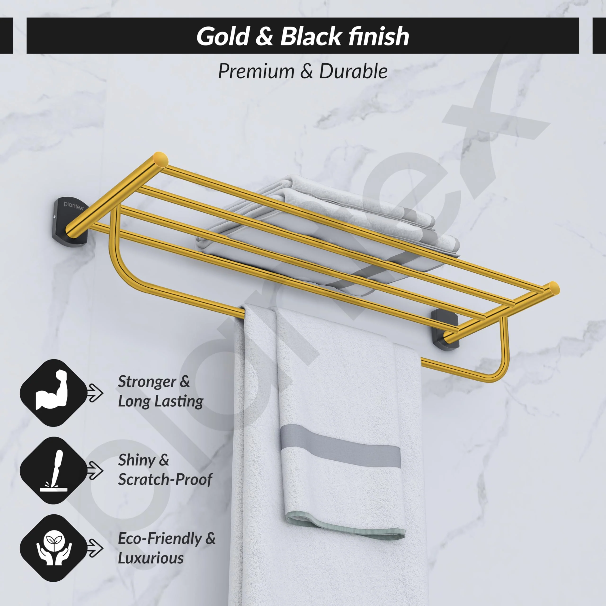 Plantex 304 Grade Stainless Steel 24 inch Towel Rack/Towel Stand/Towel Holder for Bathroom/Towel Hanger for Bathroom/Bathroom Accessories - Parv (Gold & Black) - Image 3