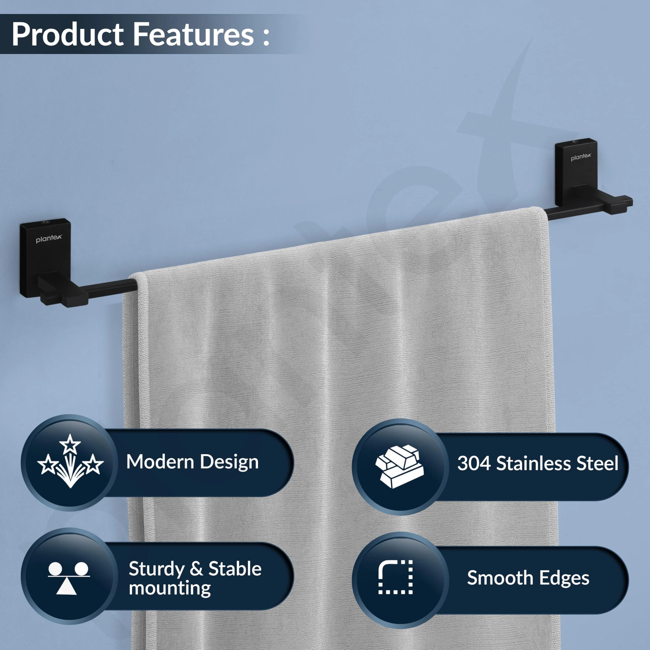 Plantex 304 Grade Stainless Steel 24-inches Single Towel Rod for Bathroom/Towel Rack/Towel Hanger/Bathroom Accessories - Senso (Black) - Image 2