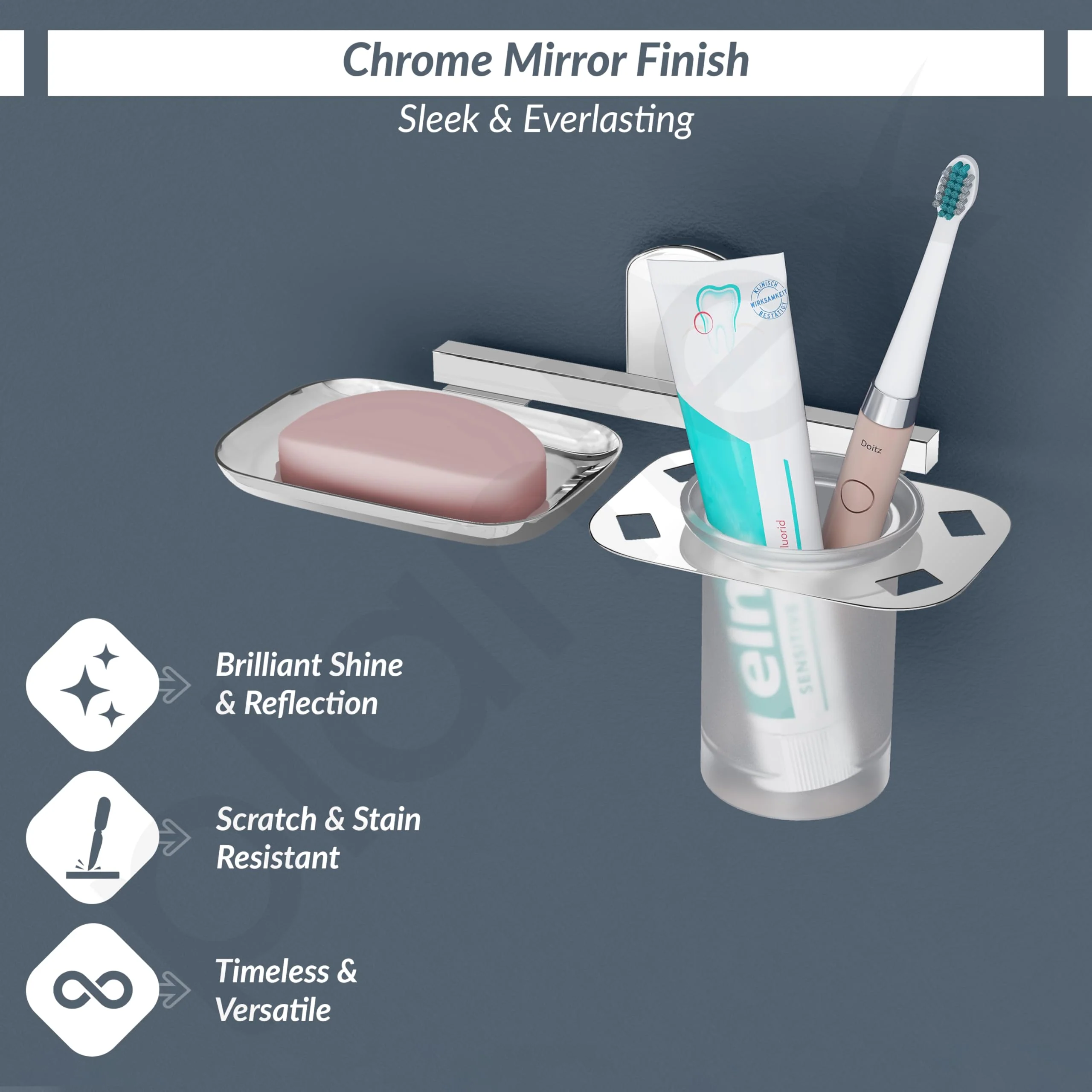 Plantex 304 Grade Stainless Steel 2in1 Soap Dish with Glass Tumbler Holder/Soap Stand/Tooth Brush Holder for Bathroom/Bathroom Accessories - Pack of 1 (Chrome) - Image 4