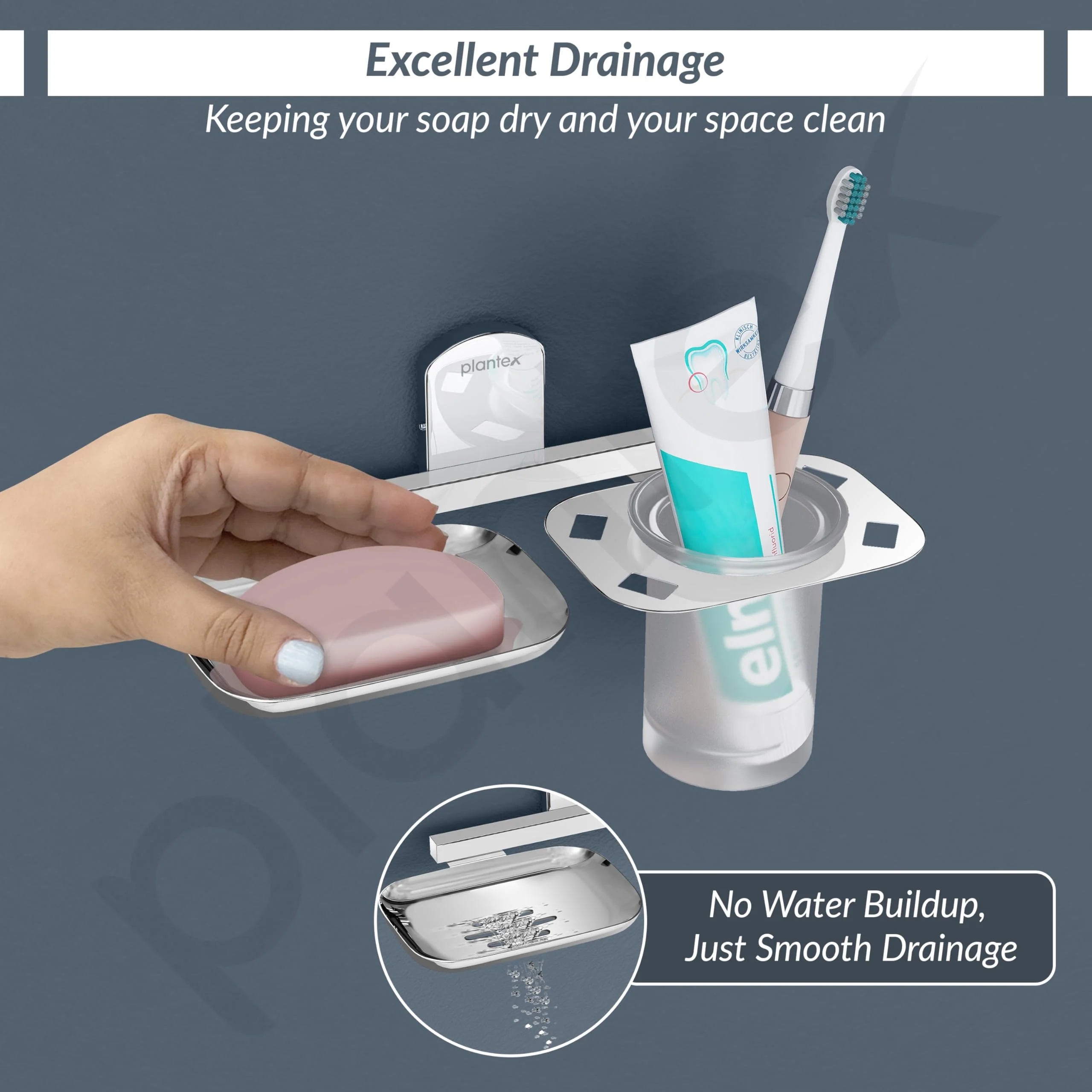 Plantex 304 Grade Stainless Steel 2in1 Soap Dish with Glass Tumbler Holder/Soap Stand/Tooth Brush Holder for Bathroom/Bathroom Accessories - Pack of 1 (Chrome) - Image 7