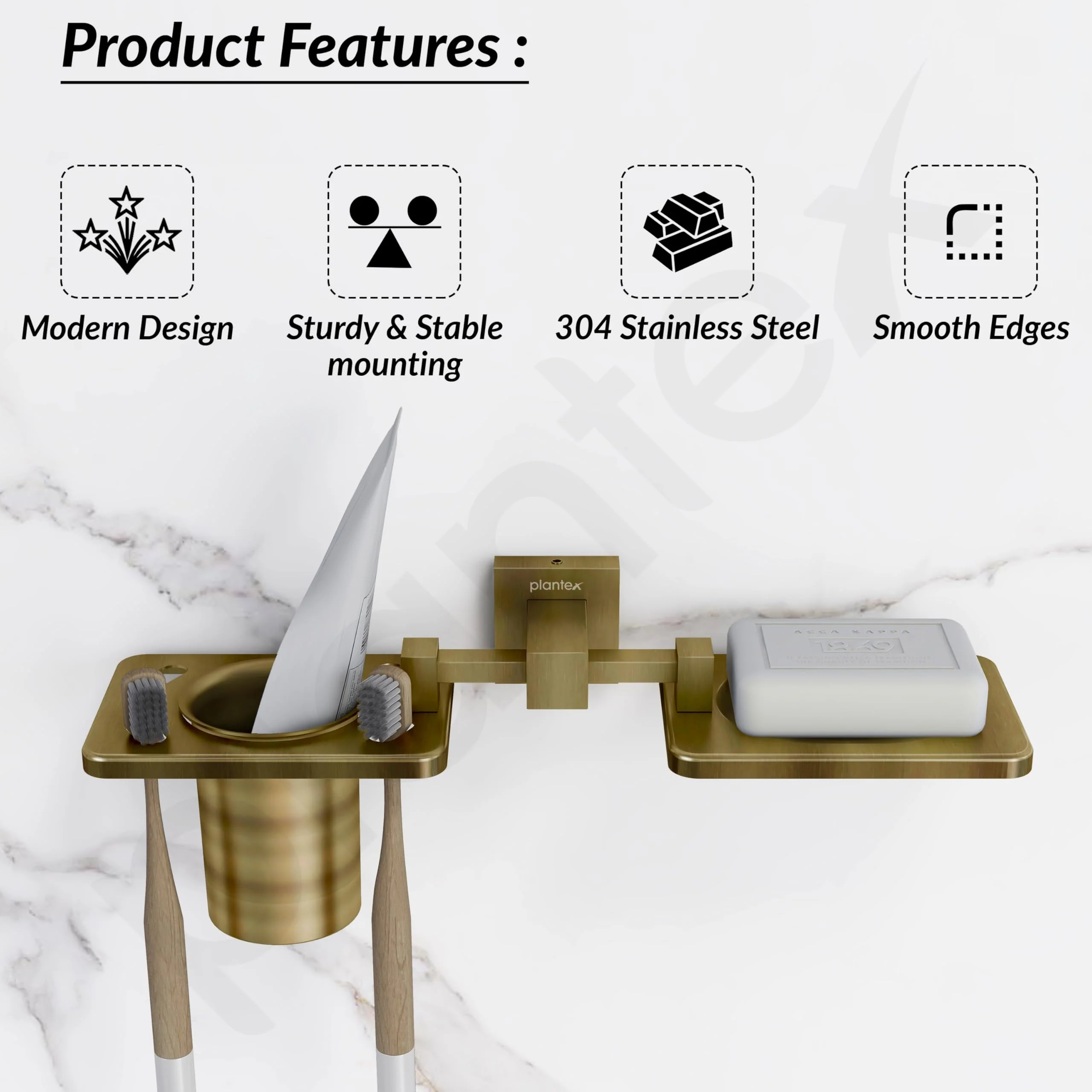 Plantex 304 Grade Stainless Steel 2in1 Soap Dish with Tooth Brush Holder/Soap Stand/Tumbler Holder/Bathroom Accessories - Wall Mount (Brass Antique) - Image 2