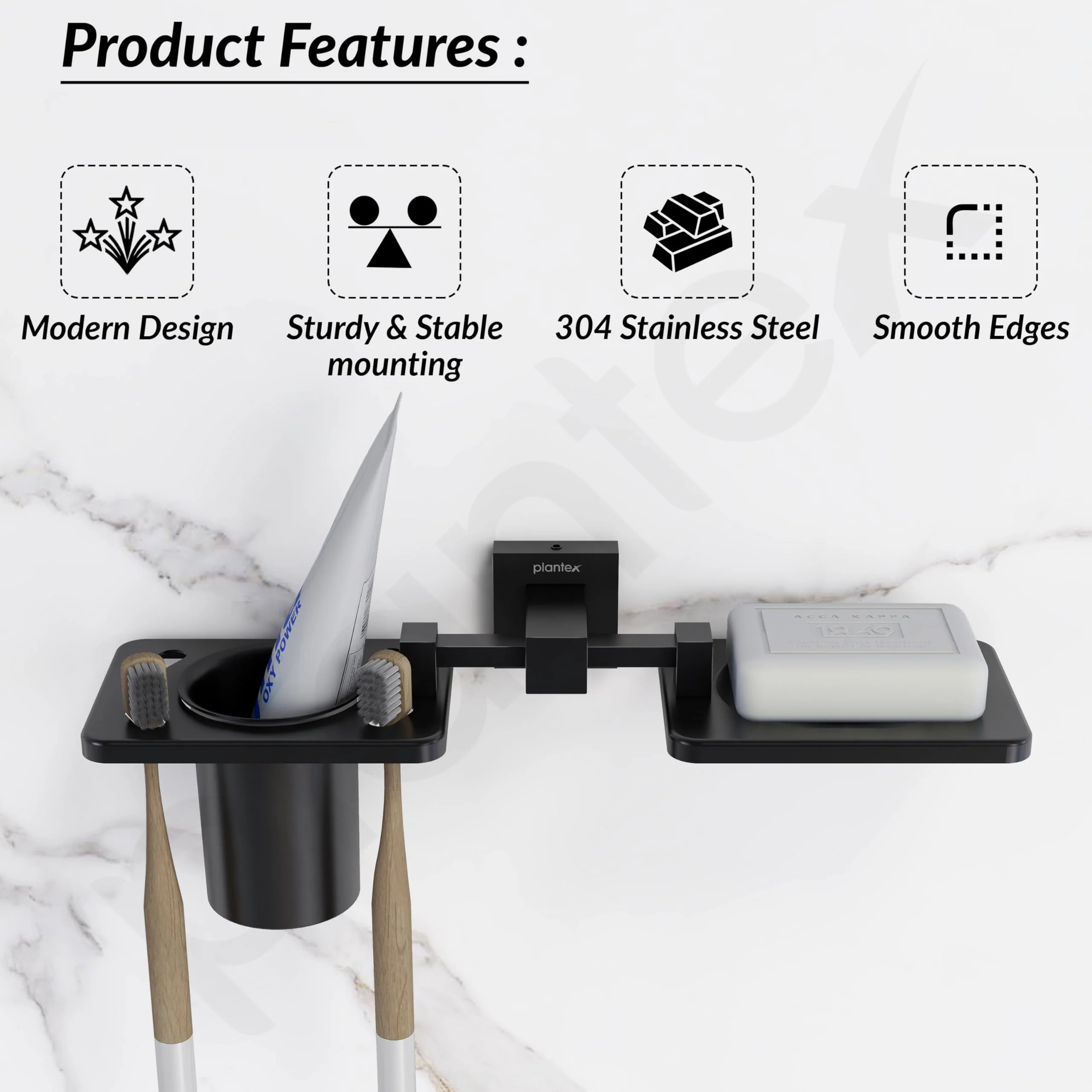 Plantex 304 Grade Stainless Steel 2in1 Soap Dish with Tooth Brush Holder/Soap Stand/Tumbler Holder/Bathroom Accessories - Wall Mount (Matt Black) - Image 2