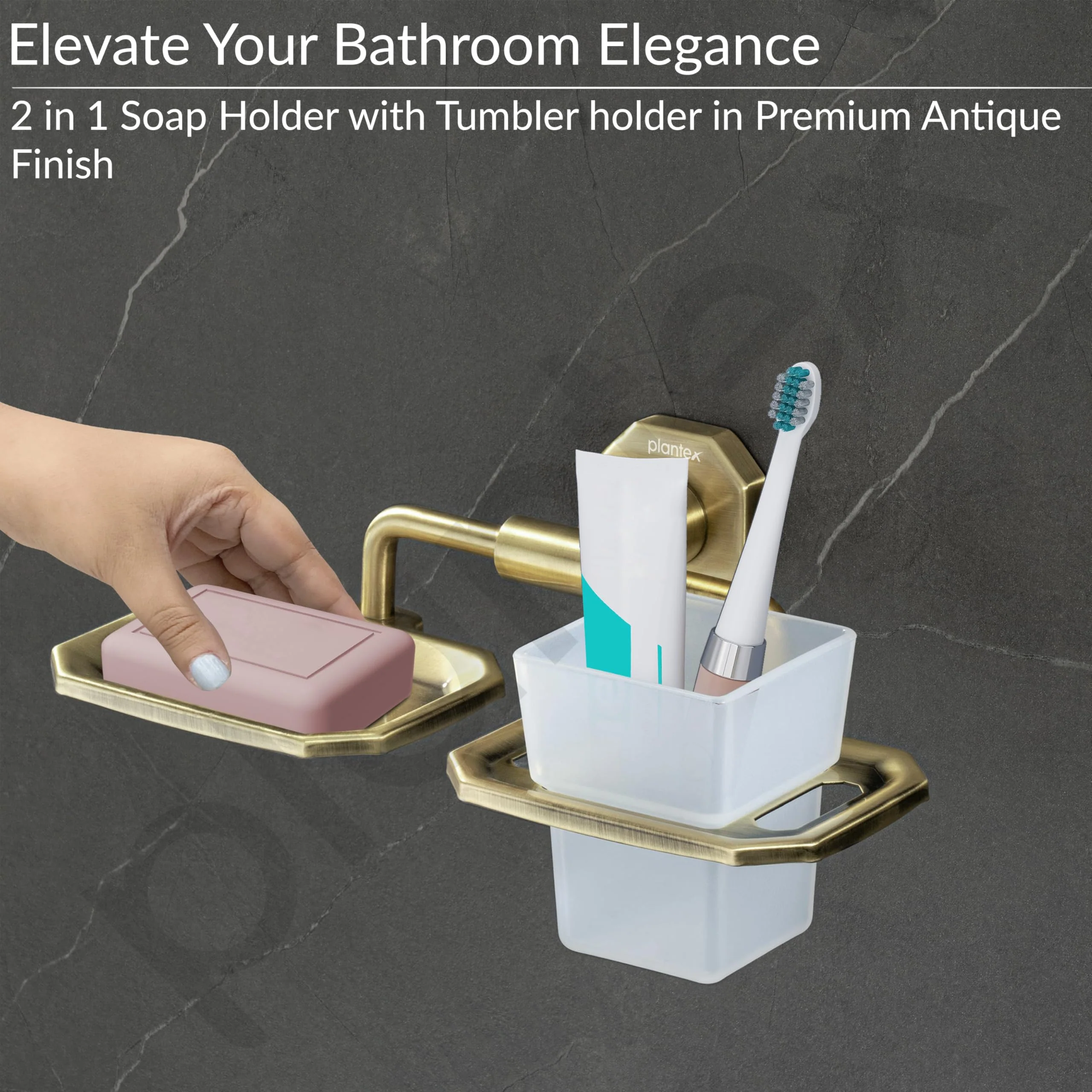 Plantex 304 Grade Stainless Steel 2in1 Soap Dish with Tumbler Holder/Soap Stand/Tooth Brush Holder/Bathroom Accessories - Nipron (Brass Antique) - Image 4