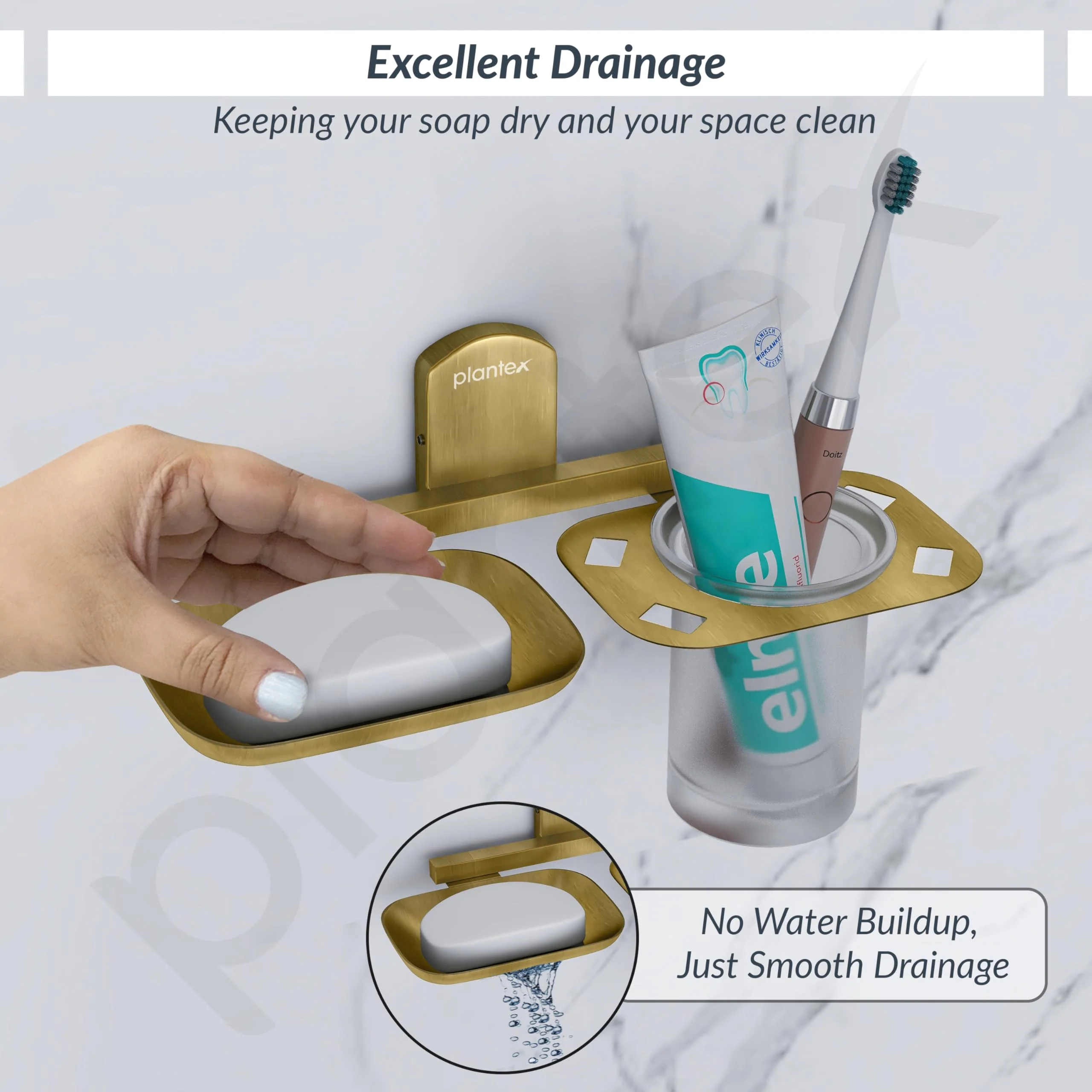 Plantex 304 Grade Stainless Steel 2in1 Soap Dish with Tumbler Holder/Soap Stand/Tooth Brush Holder/Bathroom Accessories - Parv (Brass Antique) - Image 6