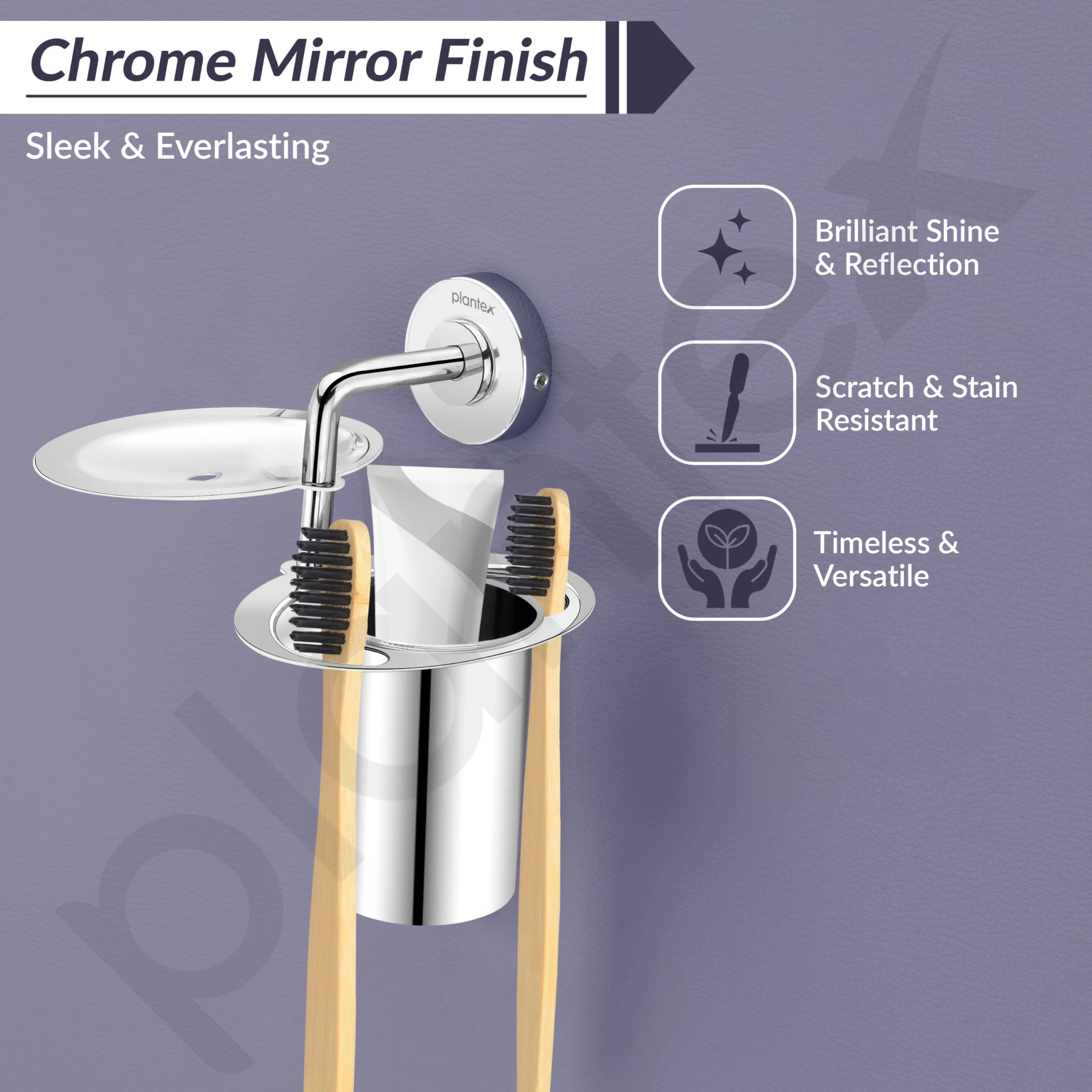 Plantex 304 Grade Stainless Steel 2in1 Soap Holder with Tumbler Holder/Bathroom Accessories - Daizy (Chrome) - Image 3