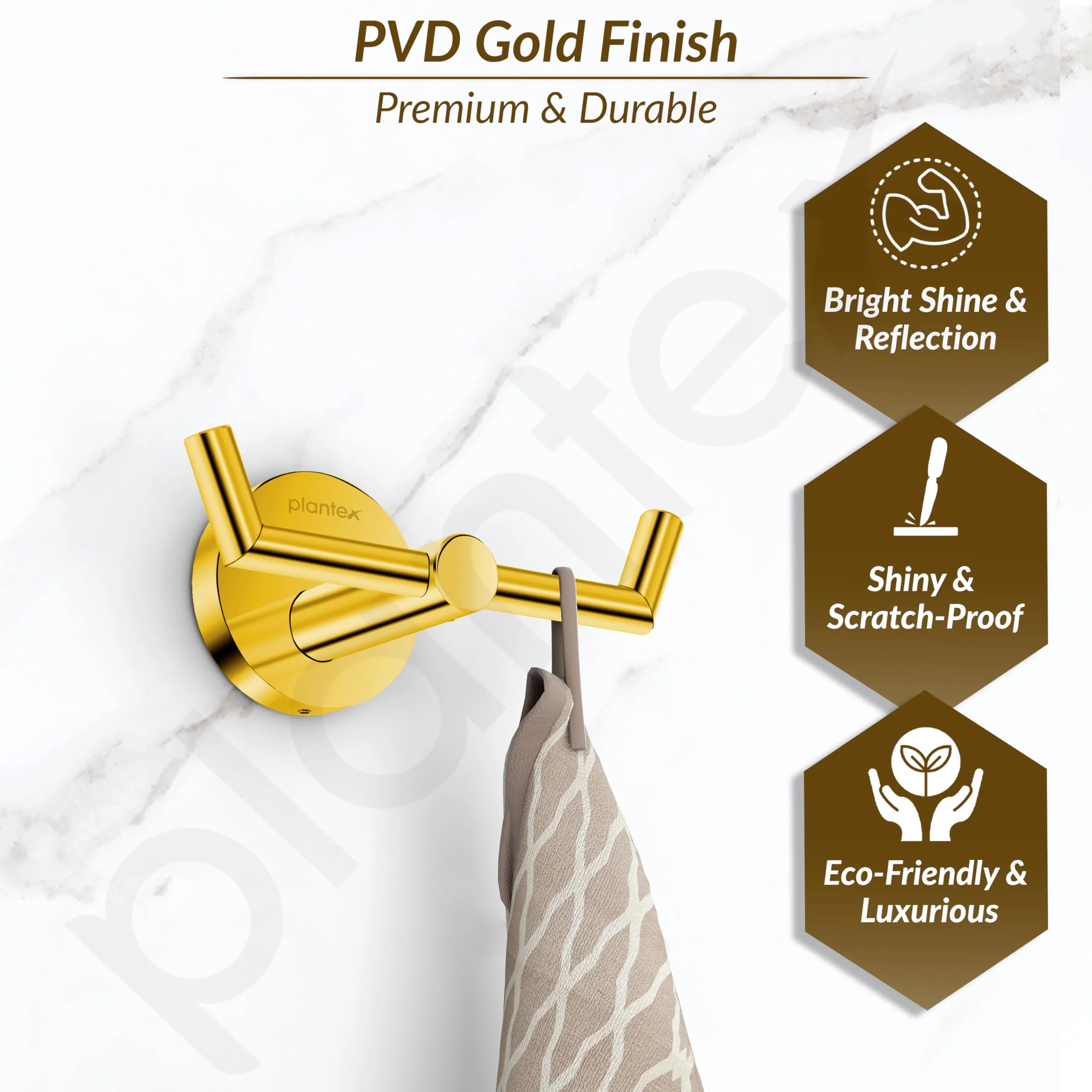Plantex 304 Grade Stainless Steel Bathroom Hooks for Hanging Towel and Clothes in Bathroom/Washroom - Oreo (Gold) - Image 5