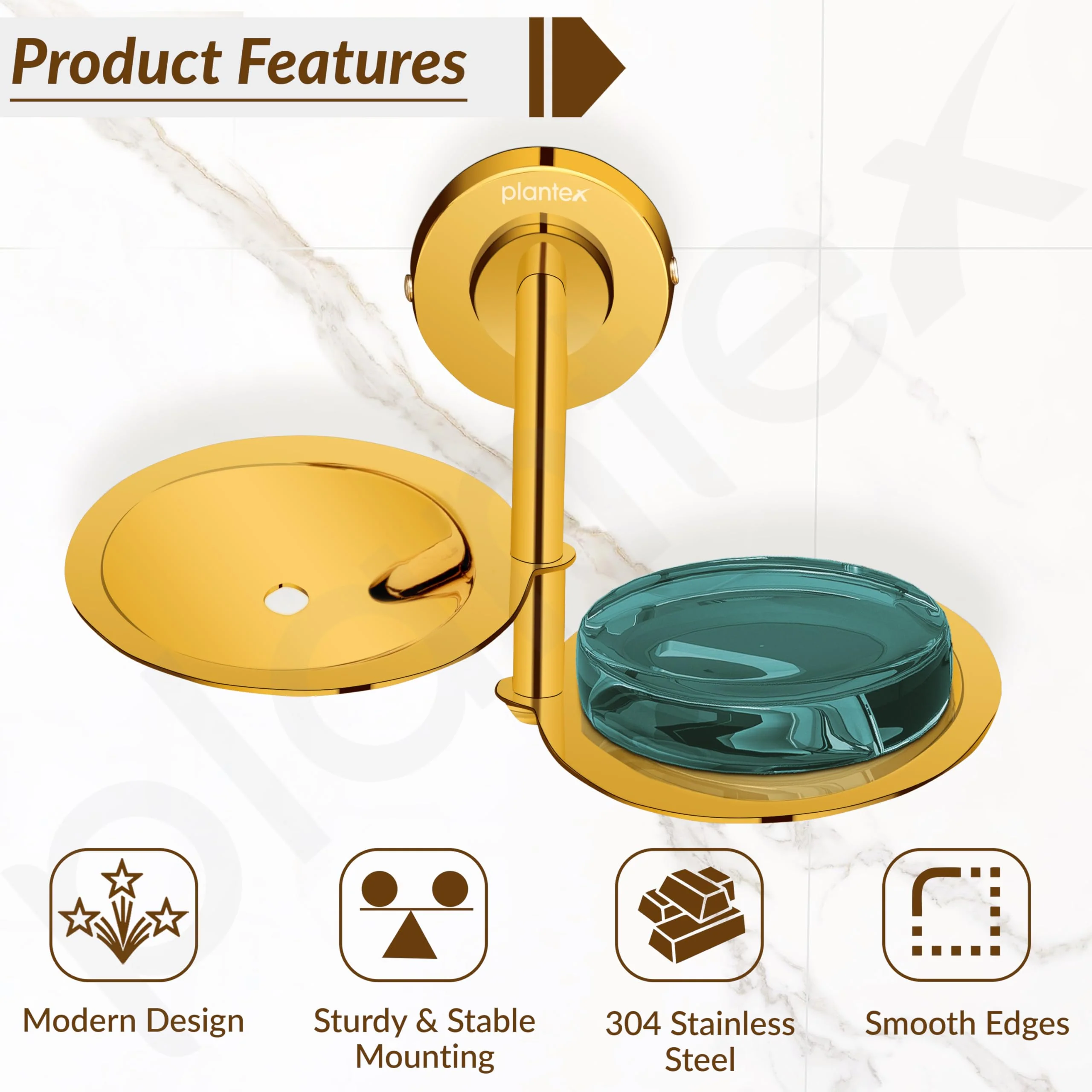 Plantex 304 Grade Stainless Steel Double Soap Holder for Bathroom/Soap Dish/Soap Stand for Bathroom Wall/Bathroom Accessories - Daizy (Golden) - Image 2