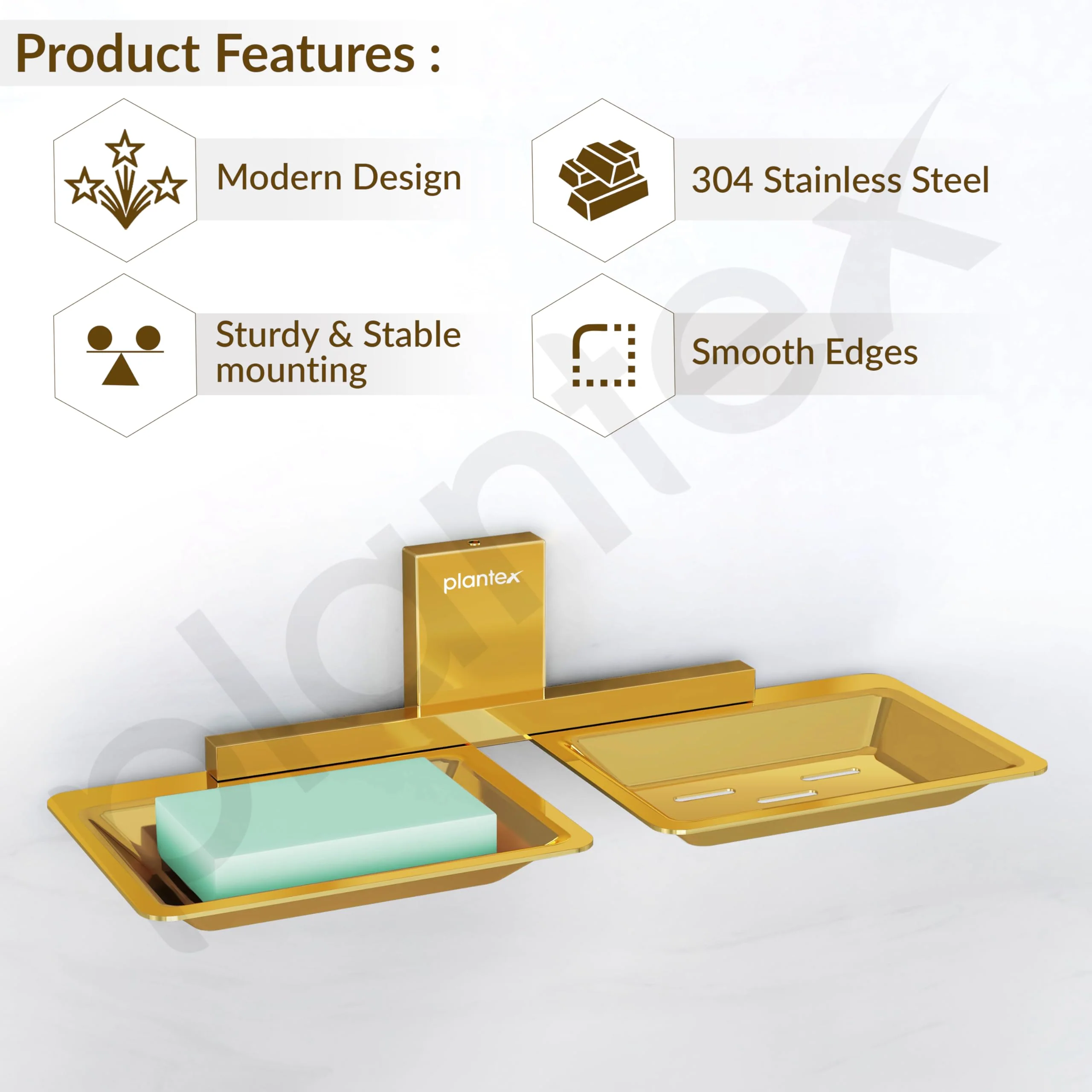 Plantex 304 Grade Stainless Steel Double Soap Stand/Dual Soap Dish/Soap Case/Soap Storage/Soap Holder for Bathroom/Bathroom Accessories - Pack of 1 (Crystal, PVD Gold) - Image 2