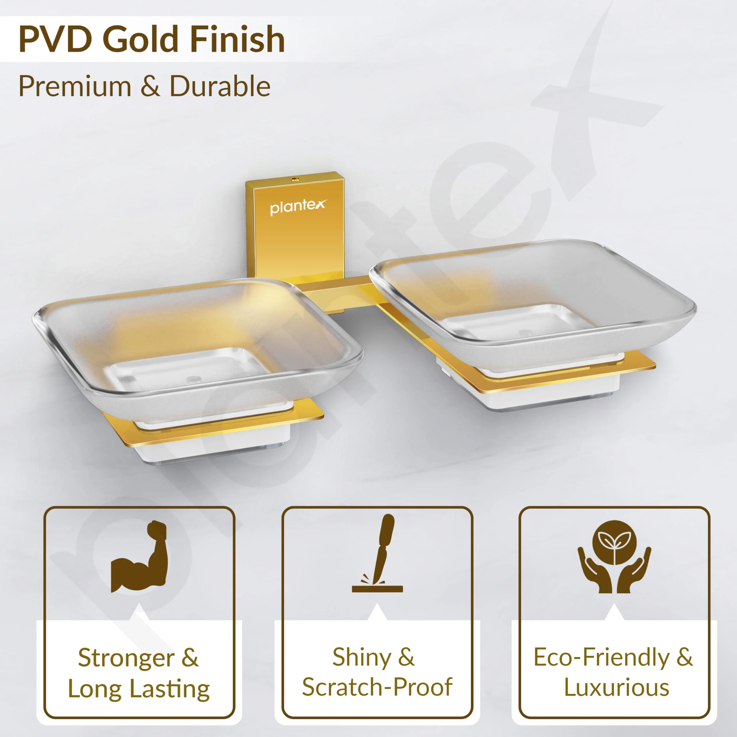 Plantex 304 Grade Stainless Steel Frosted Glass Double Soap Holder/Soap Stand/Dual Soap Dish/Bathroom Accessories - Crystal (PVD Gold) - Image 5