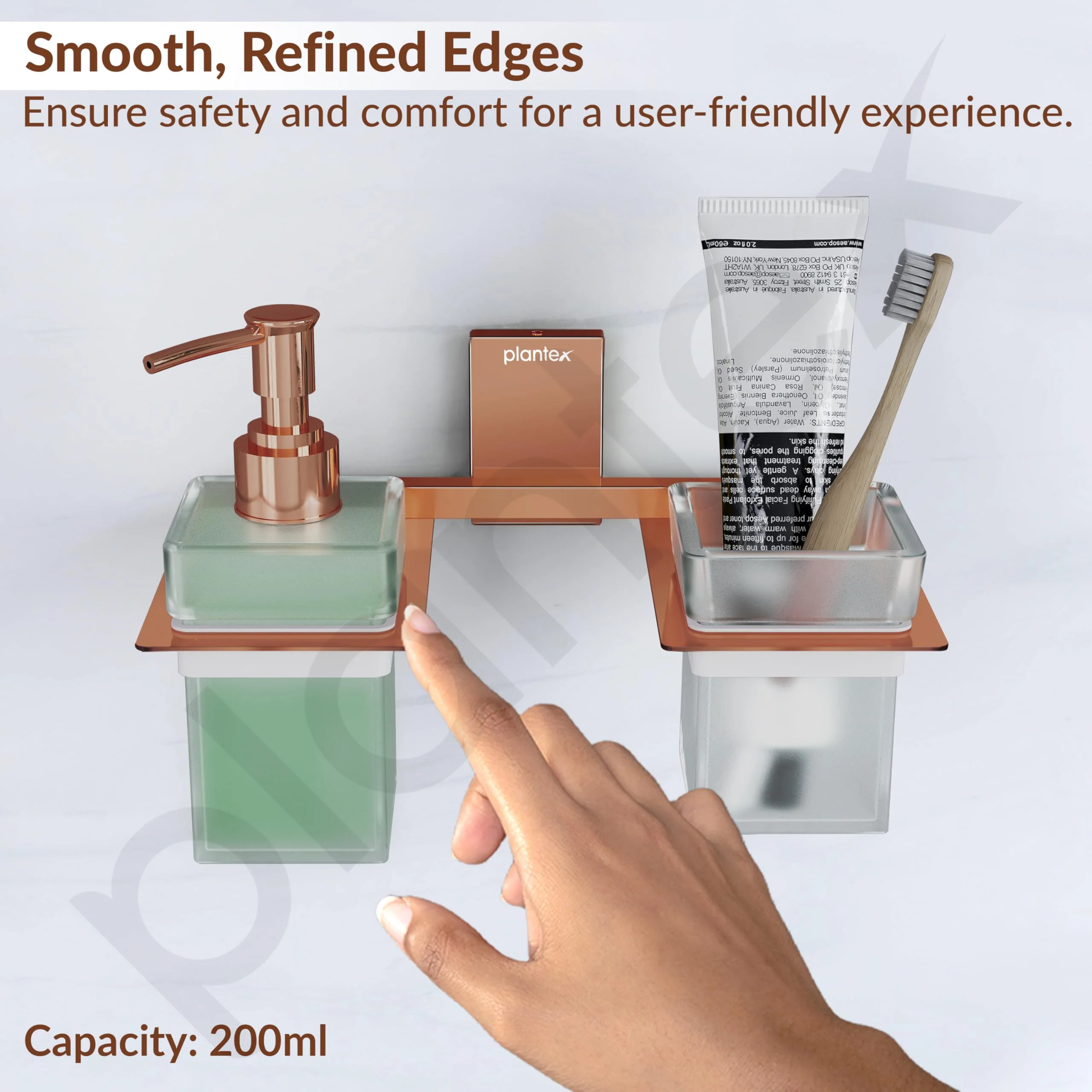 Plantex 304 Grade Stainless Steel Glass Liquid Dispenser with Tumbler Holder/Toothbrush Holder/Shampoo Dispenser for Washbasin/Kitchen/Bathroom Accessories - Pack of 1 (Crystal, PVD Rose Gold) - Image 7