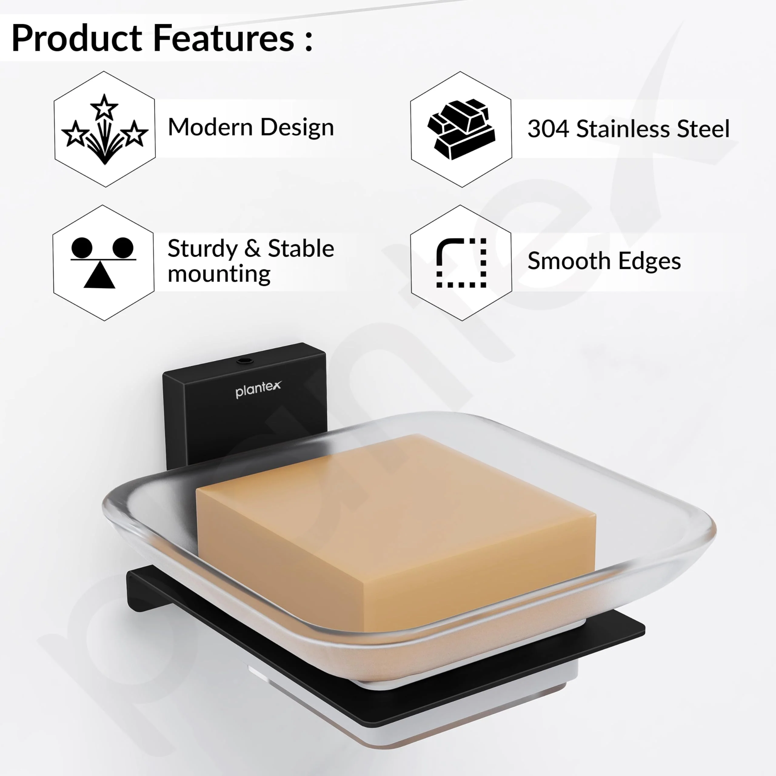 Plantex 304 Grade Stainless Steel Glass Soap Dish/Soap Stand/Wall Mounted Soap Holder/Bathroom Accessories - Crystal (Black) - Image 2
