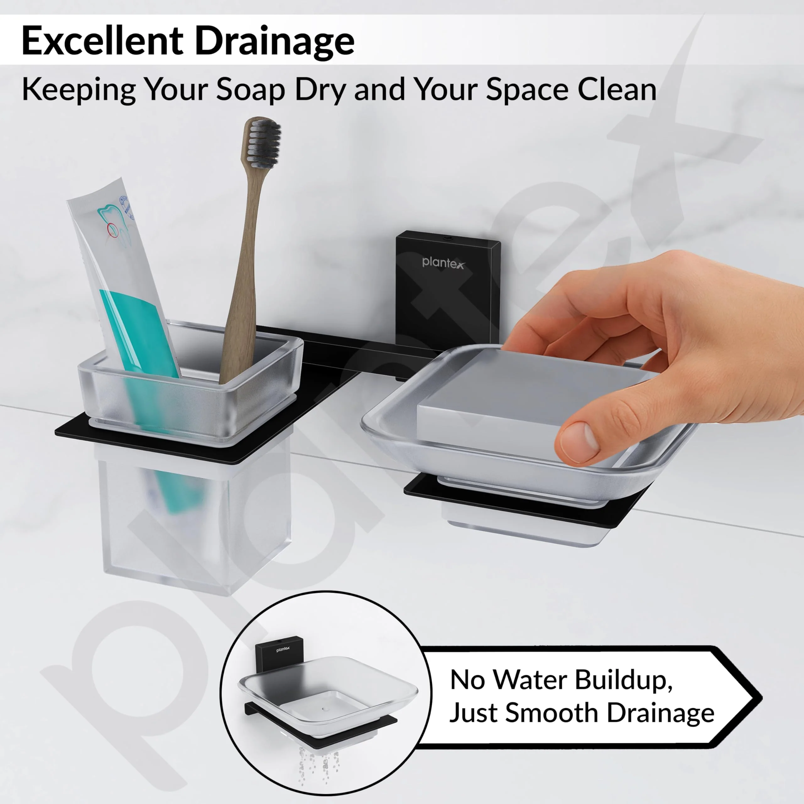 Plantex 304 Grade Stainless Steel Glass Soap Dish with Tumbler Holder/Soap Stand/Bathroom Accessories - Crystal (Black) - Image 7