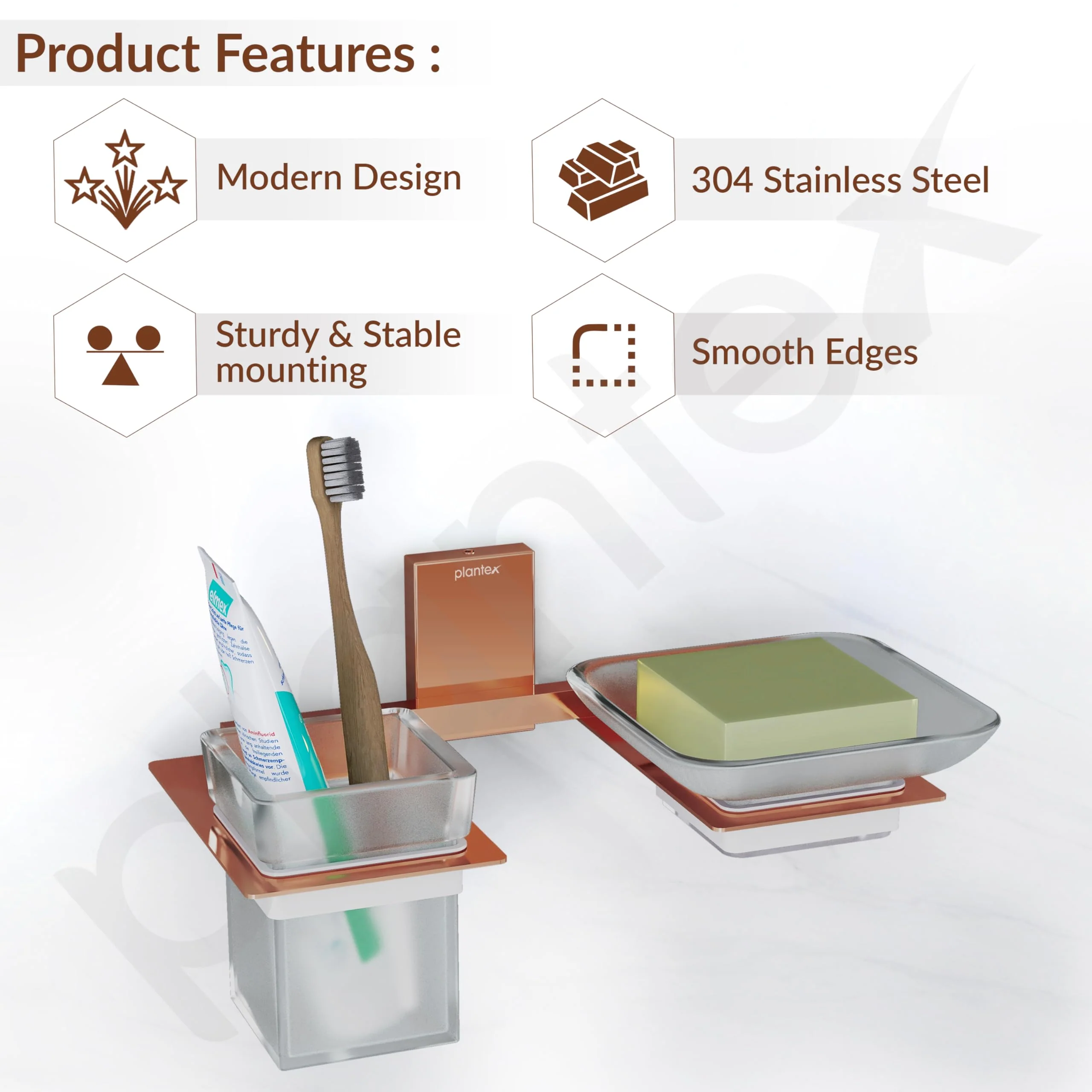 Plantex 304 Grade Stainless Steel Glass Soap Dish with Tumbler Holder/Soap Stand/Glass Toothbrush Holder/Bathroom Accessories - Crystal(PVD Rose Gold) - Image 2
