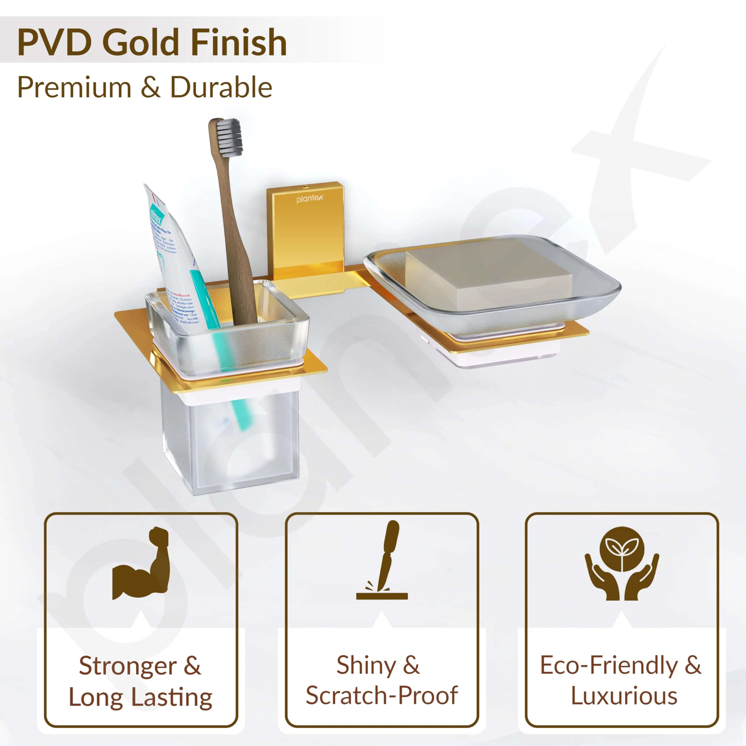 Plantex 304 Grade Stainless Steel Glass Soap Dish with Tumbler Holder/Soap Stand/Toothbrush Holder/Bathroom Accessories - Crystal (PVD Gold) - Image 5