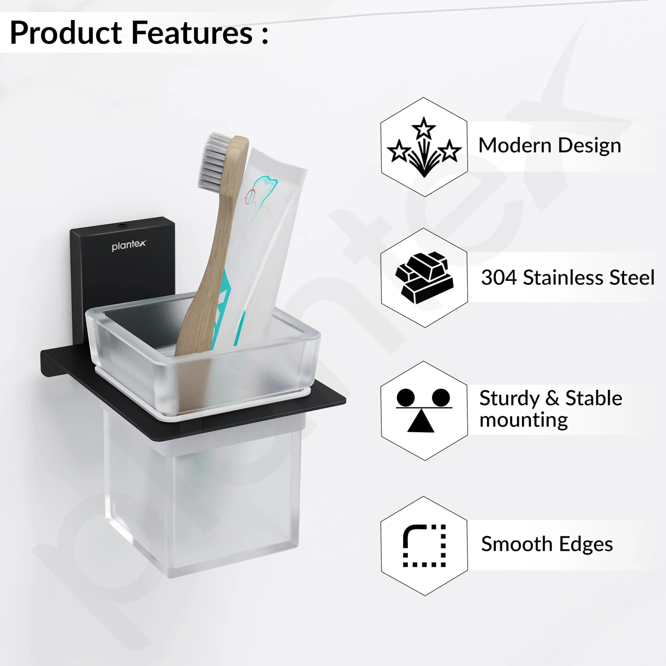 Plantex 304 Grade Stainless Steel Glass Tumbler Holder/Toothbrush Holder for Bathroom/Bathroom Accessories – Pack of 1 (Crystal, Black) - Image 2