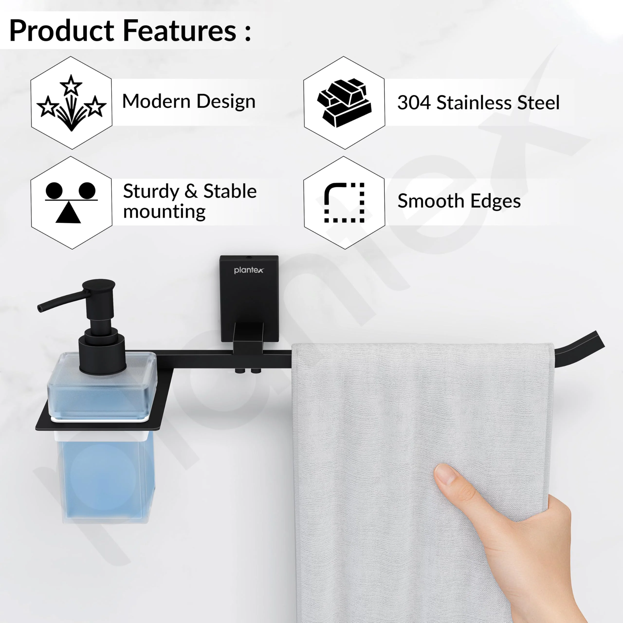 Plantex 304 Grade Stainless Steel Liquid Soap Dispenser with Napkin Ring/Shampoo Dispenser/Towel Ring for Bathroom/Bathroom Accessories - Pack of 1 (Crystal, Black) - Image 2
