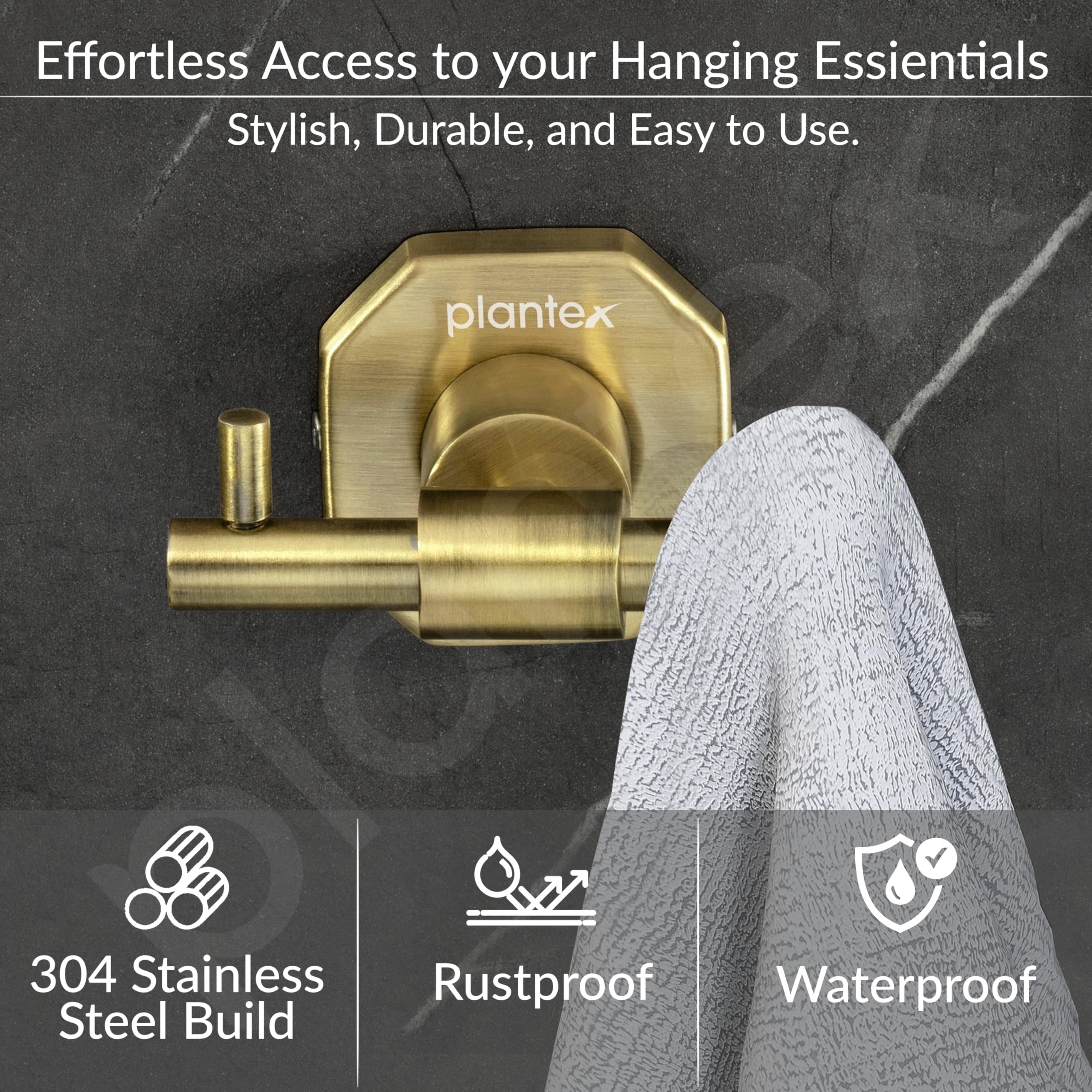 Plantex 304 Grade Stainless Steel Robe Hook/Cloth Holder/Towel Hanger/Bathroom Accessories - Nipron (Brass Antique) - Image 2