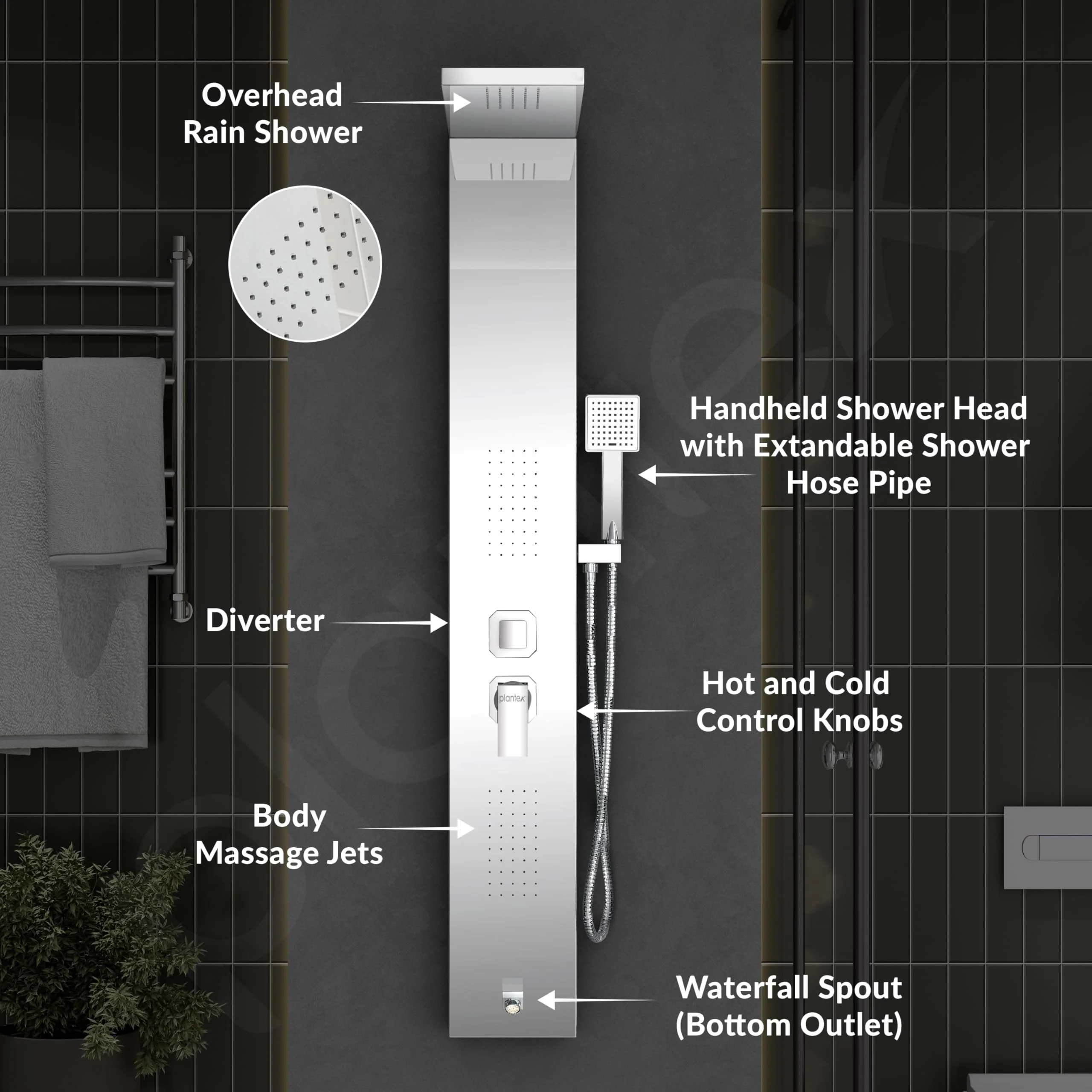 Plantex 304 Grade Stainless Steel Shower Panel for Bathroom with Showerhead/Hand Shower/Body Massage Jets/Bathroom Shower System-(KM-8111) - Image 3
