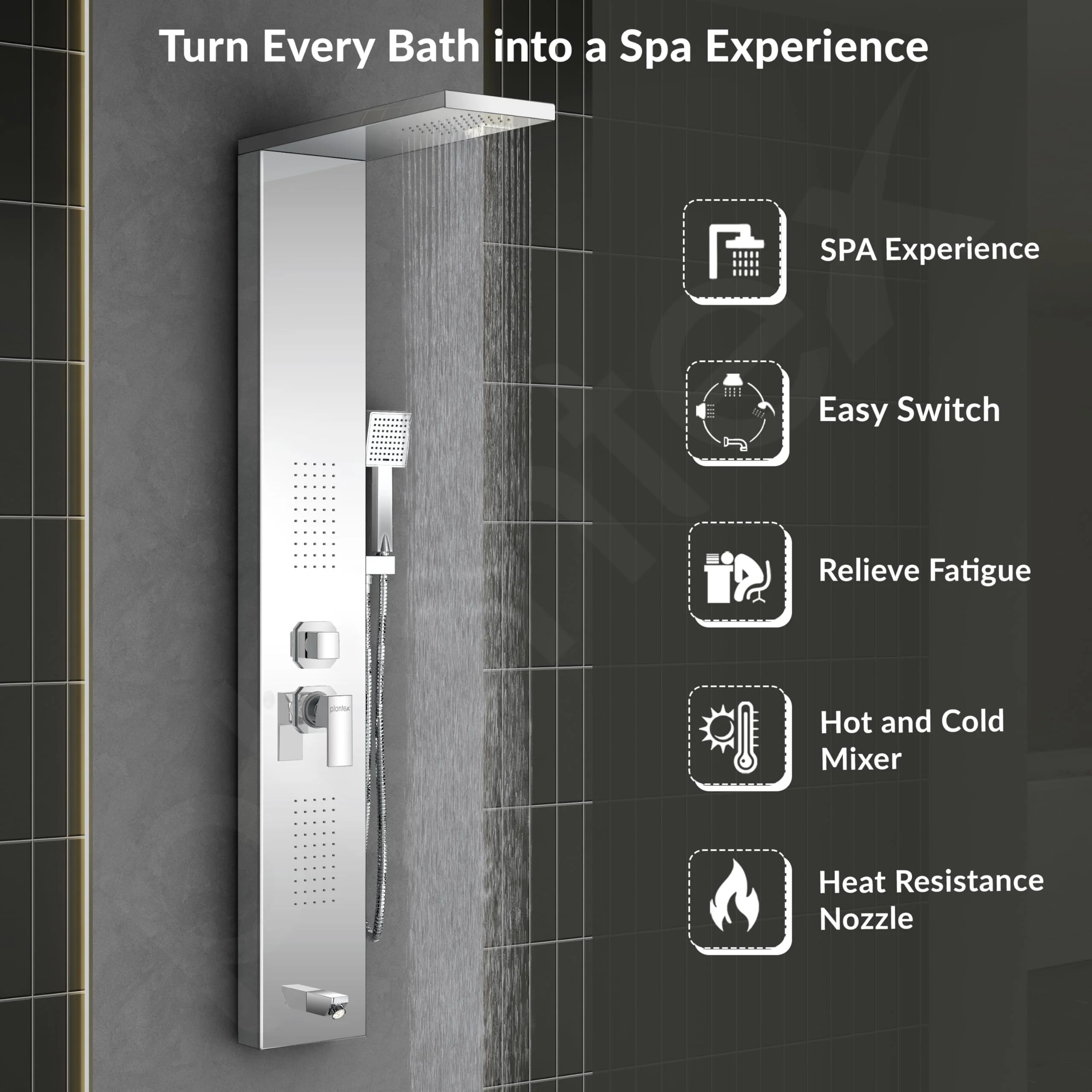 Plantex 304 Grade Stainless Steel Shower Panel for Bathroom with Showerhead/Hand Shower/Body Massage Jets/Bathroom Shower System-(KM-8111) - Image 6